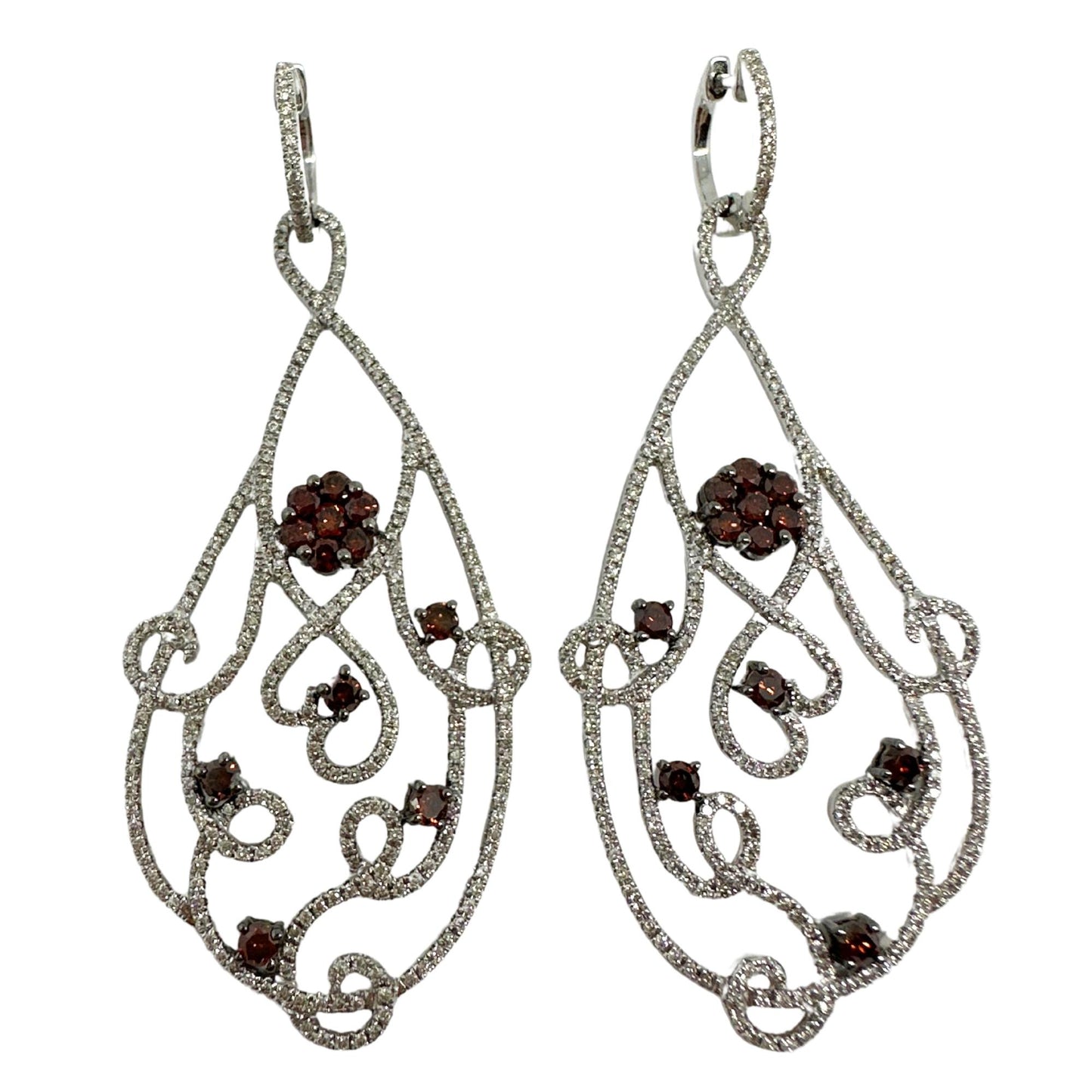 18K White Gold Brown and White Diamond Flower Drop Earrings