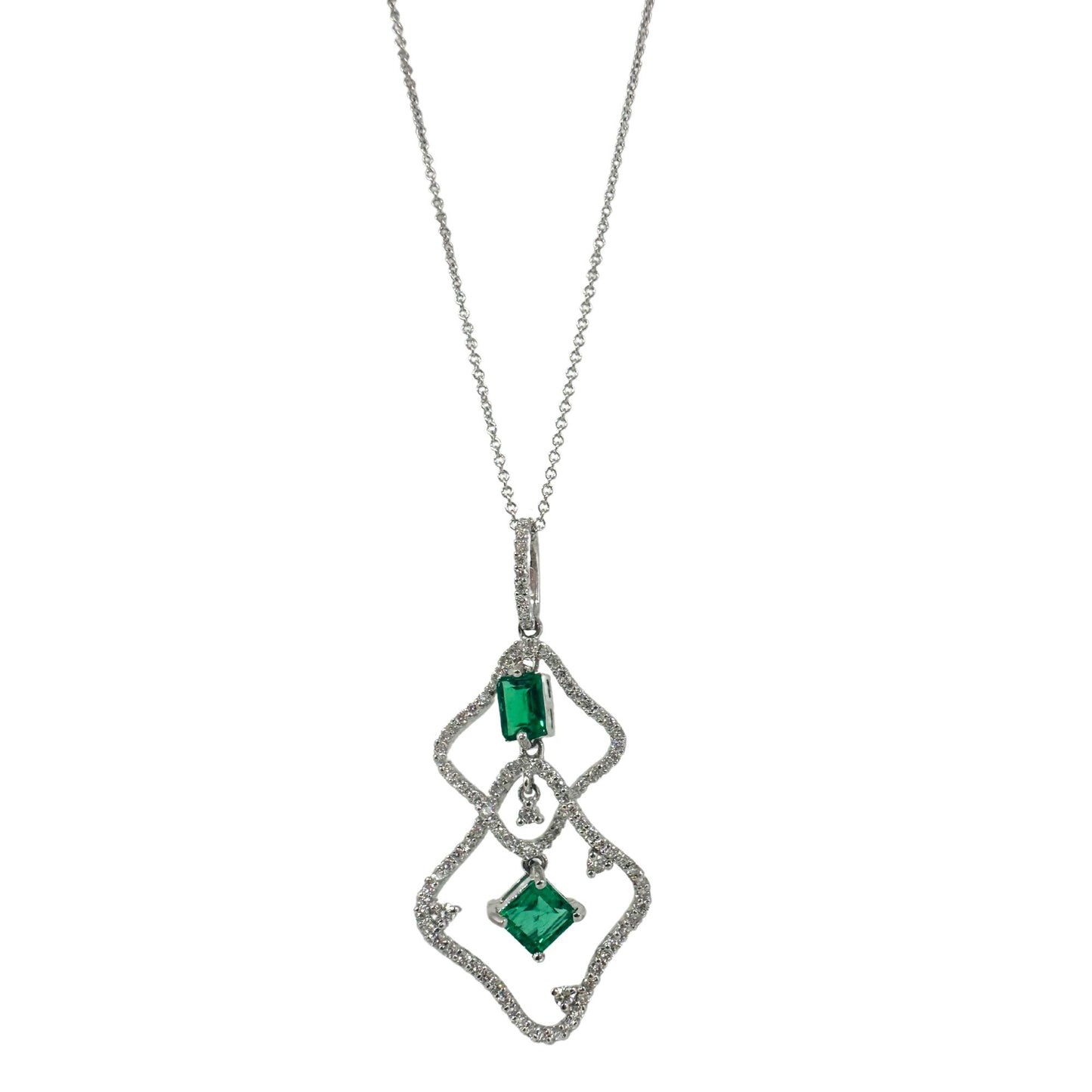 18K White Gold Diamond and Emerald Pendant Necklace