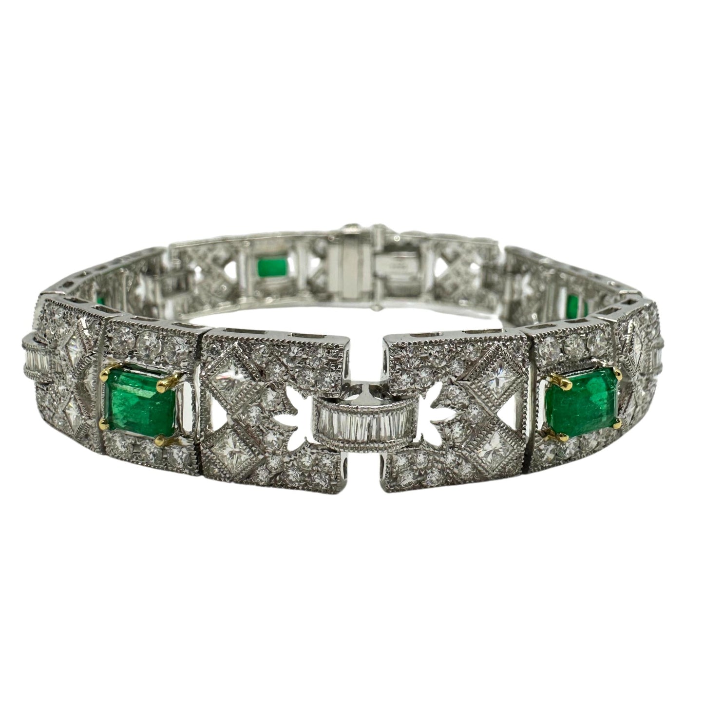 18K White Gold Diamond and Emerald Bracelet