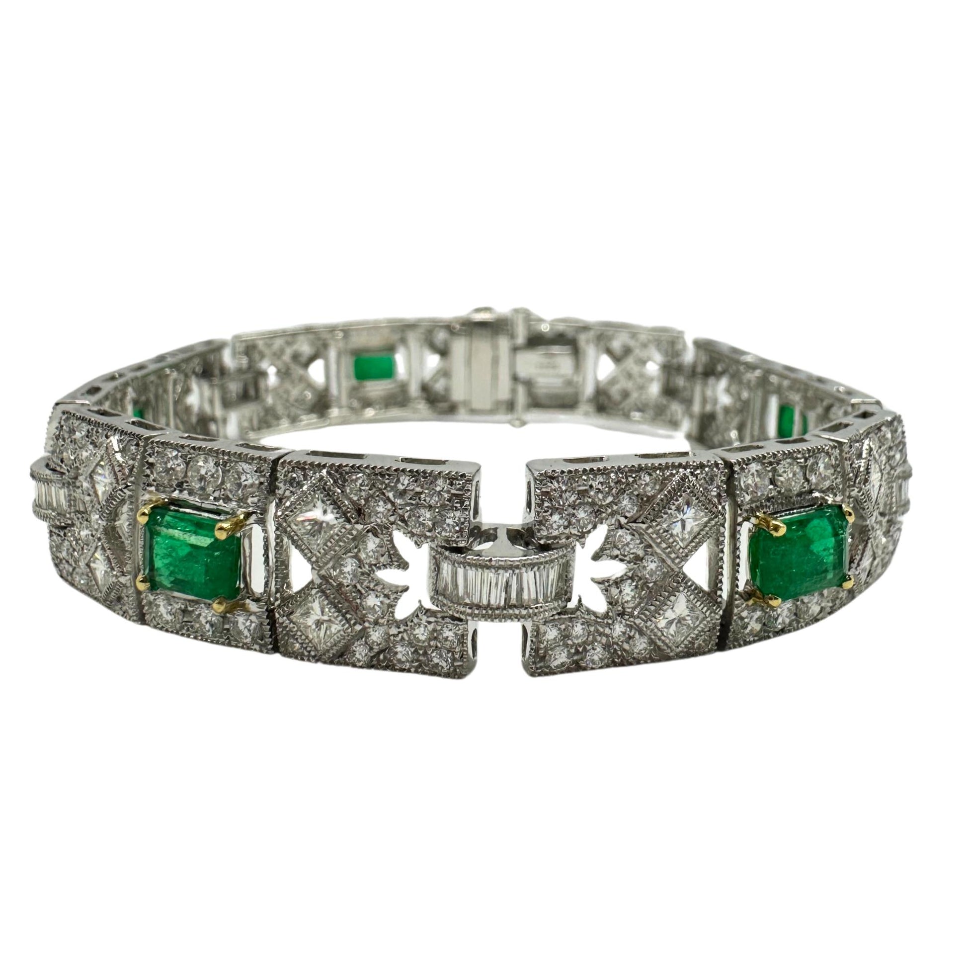 18K White Gold Diamond and Emerald Bracelet