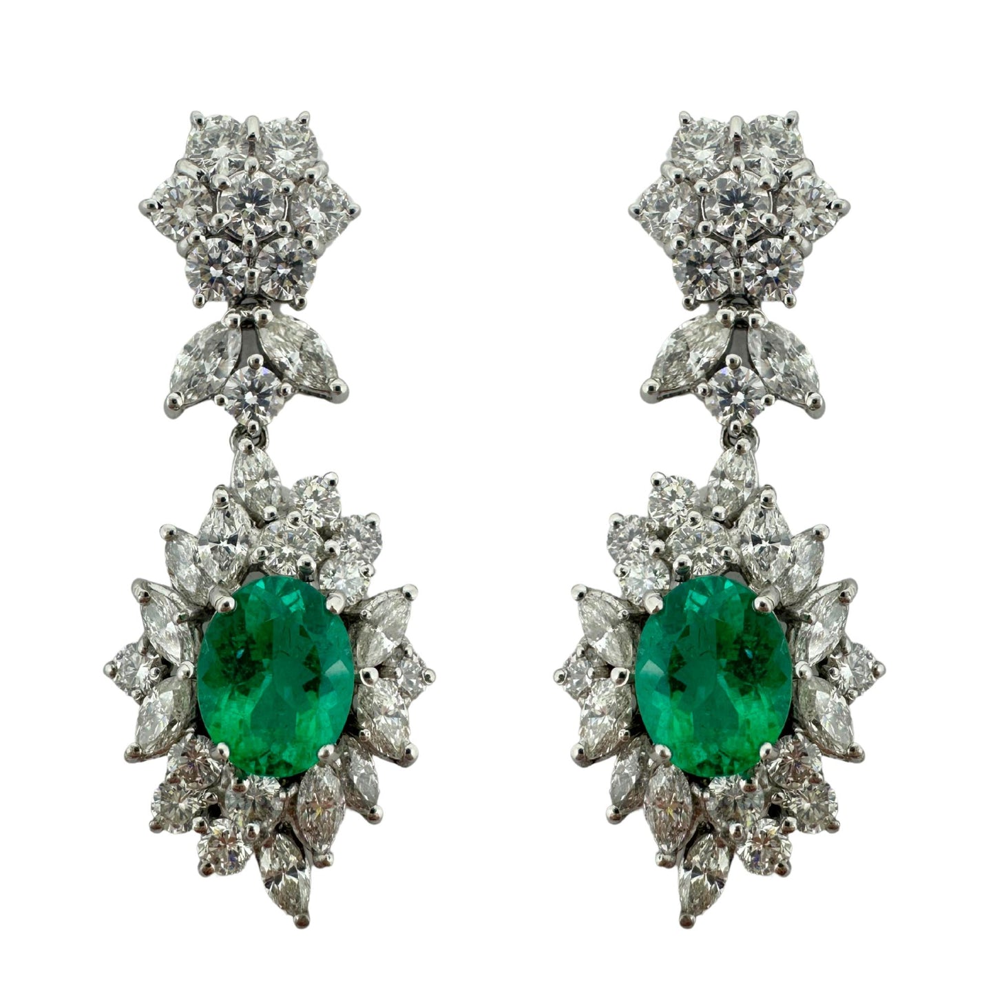 18K White Gold Marquise Cut Diamond and Emerald Drop Earrings