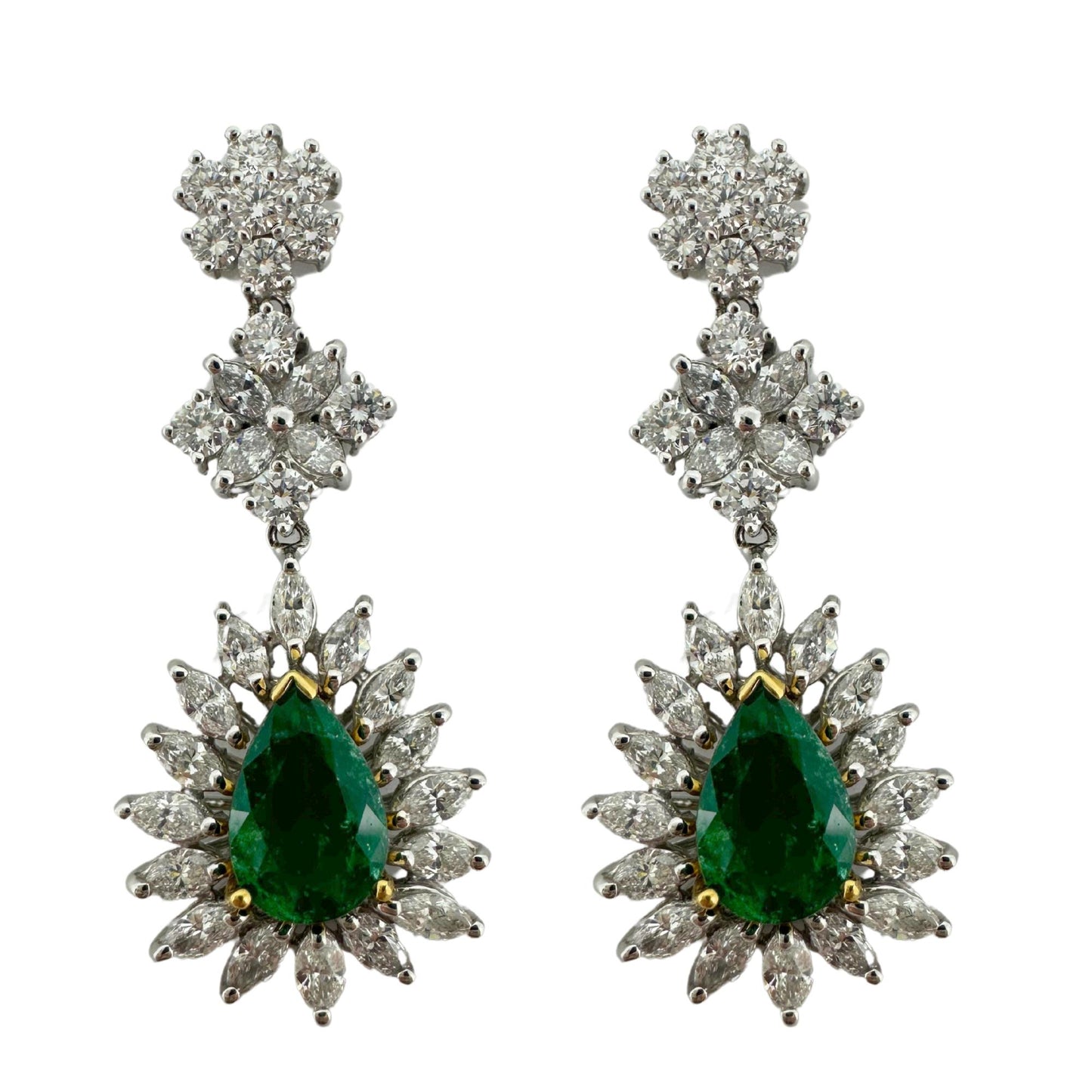 18K Two Tone Marquise Cut Diamond and Pear Cut Emerald Drop Earrings