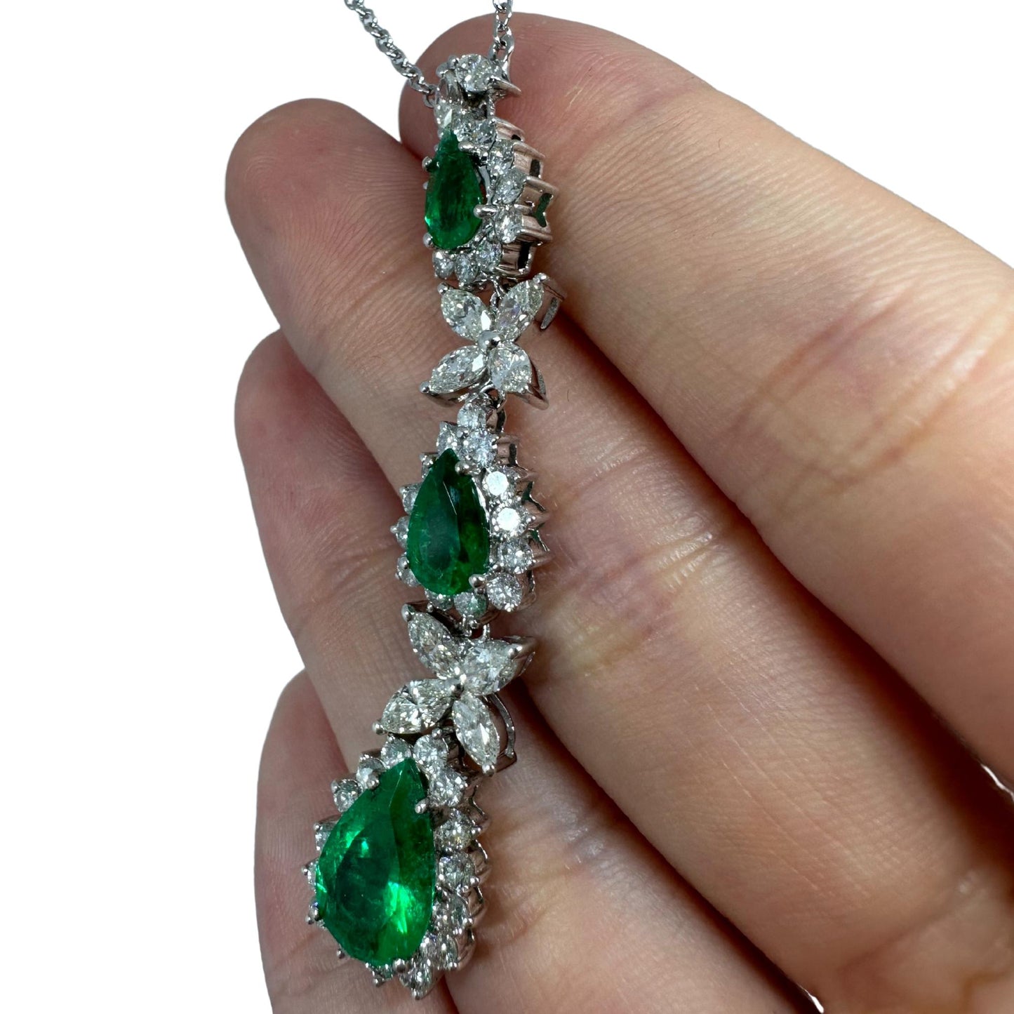 18K White Gold Marquise Cut Diamond and Pear Cut Emerald Necklace