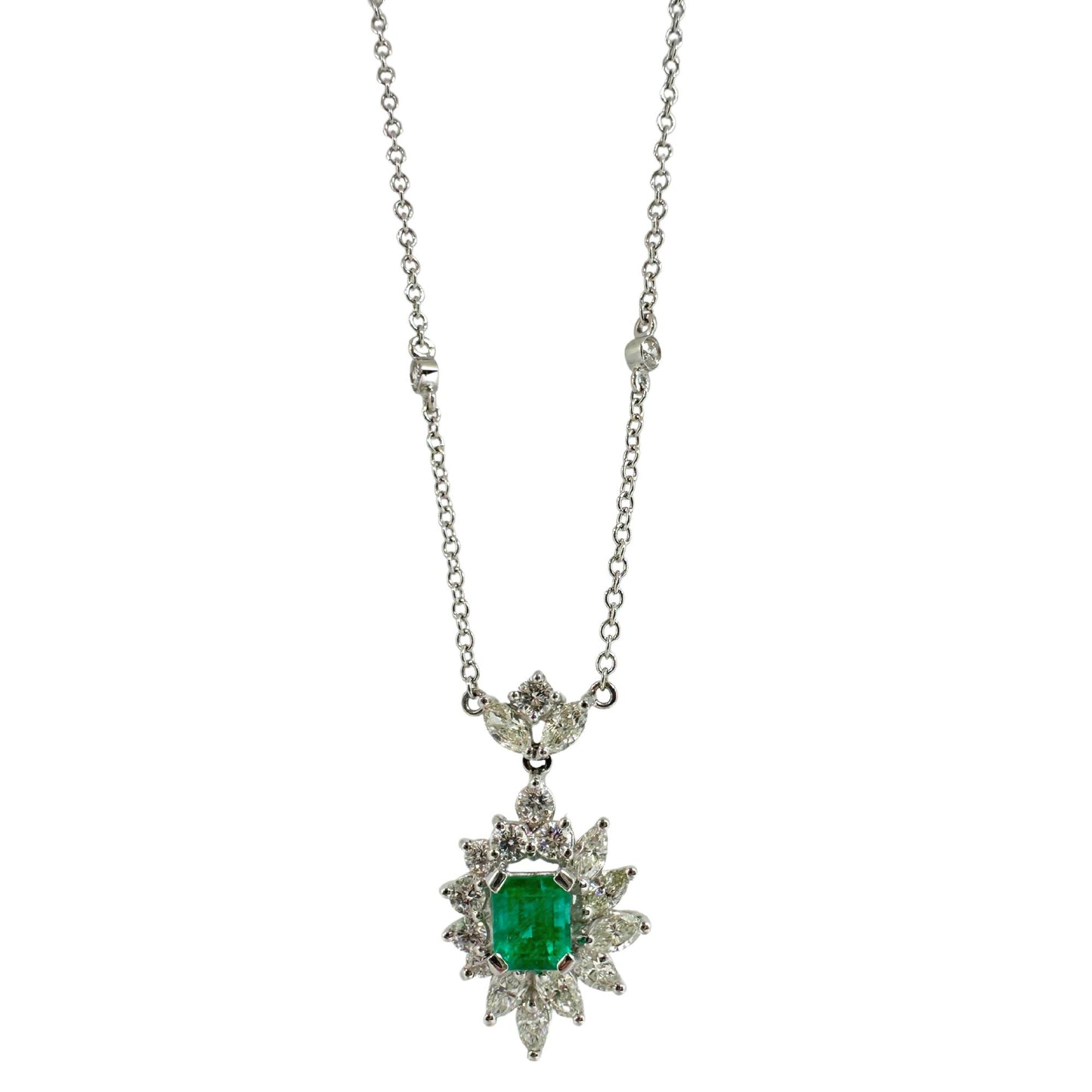 18K White Gold Diamond and Marquise Cut Emerald Pendant Necklace