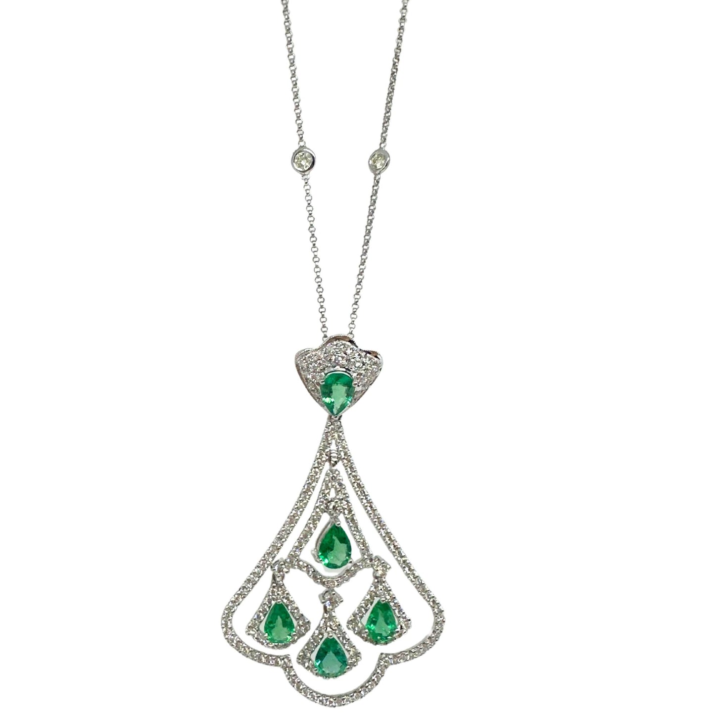 18K White Gold Diamond and Pear Cut Emerald Pendant Necklace