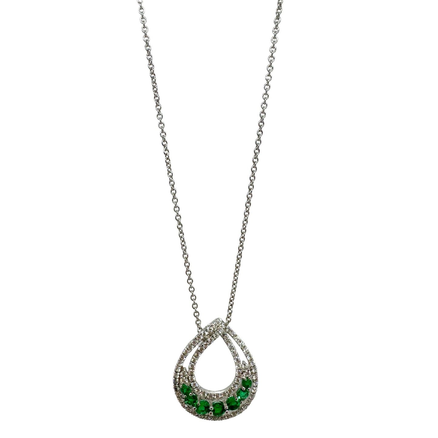 18k White Gold Diamond and Emerald Pendant Necklace