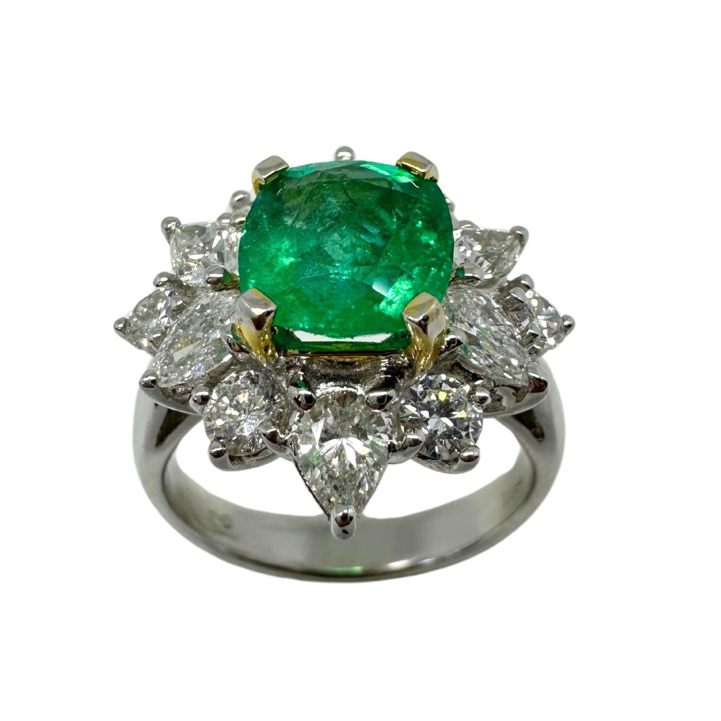 18K White Gold Pear Cut Diamond and Emerald Ring