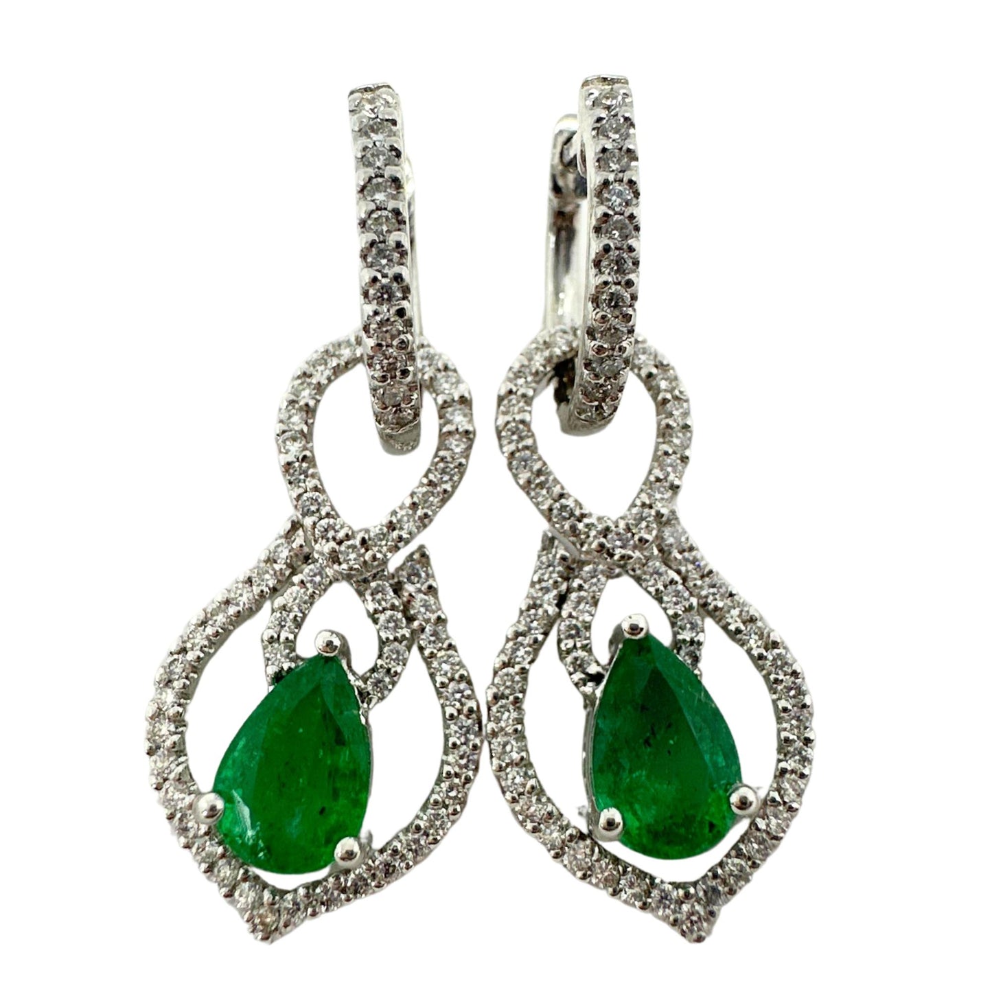 18K White Gold Diamond and Pear Cut Emerald Convertible Earrings