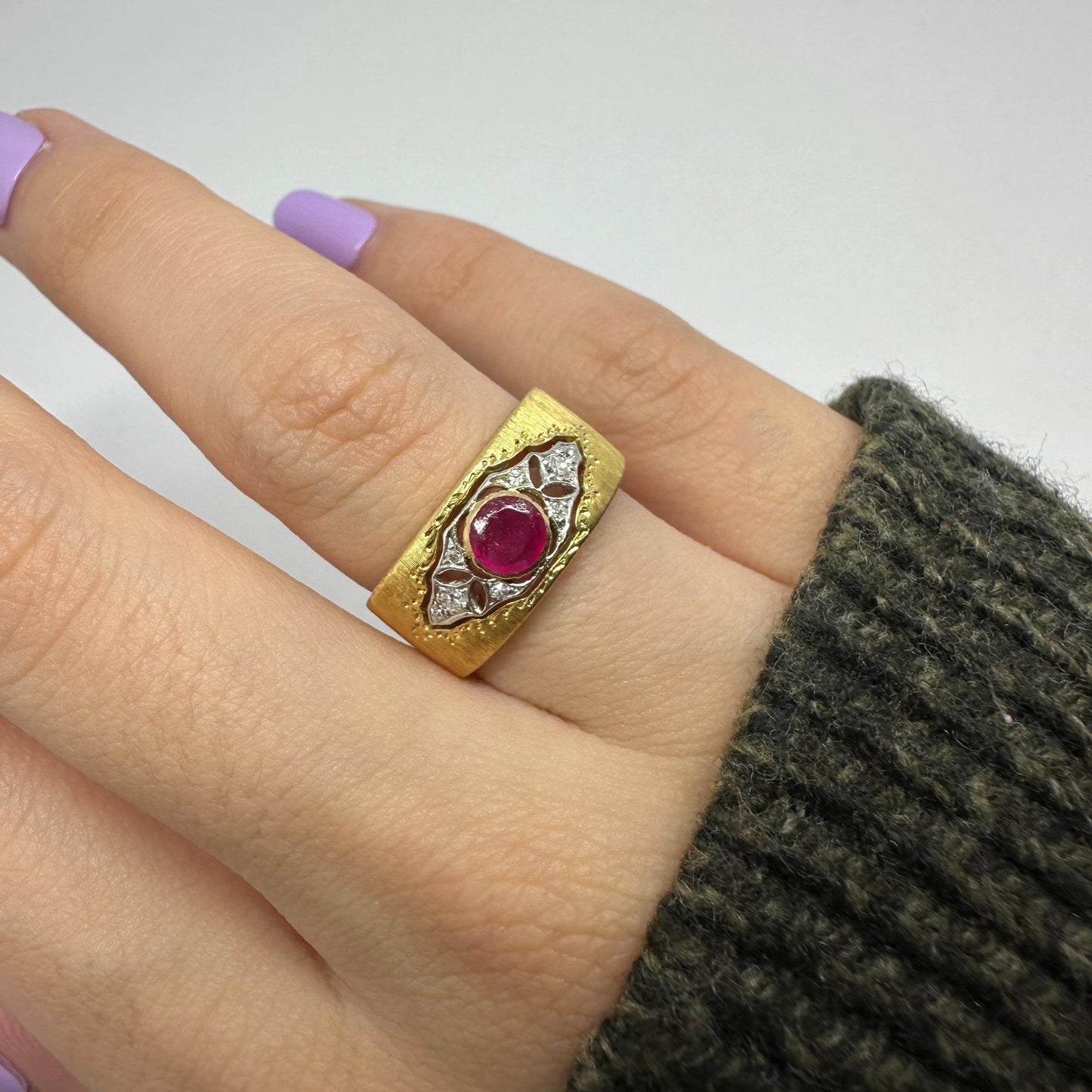 Buccellati Estate 18K Burma No Heat Ruby and Diamond Wide Band Ring with GIA