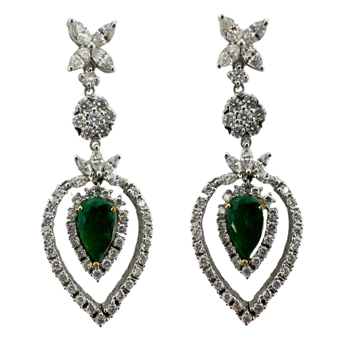 18K Two Tone Diamond and Pear Cut Emerald Drop Earrings