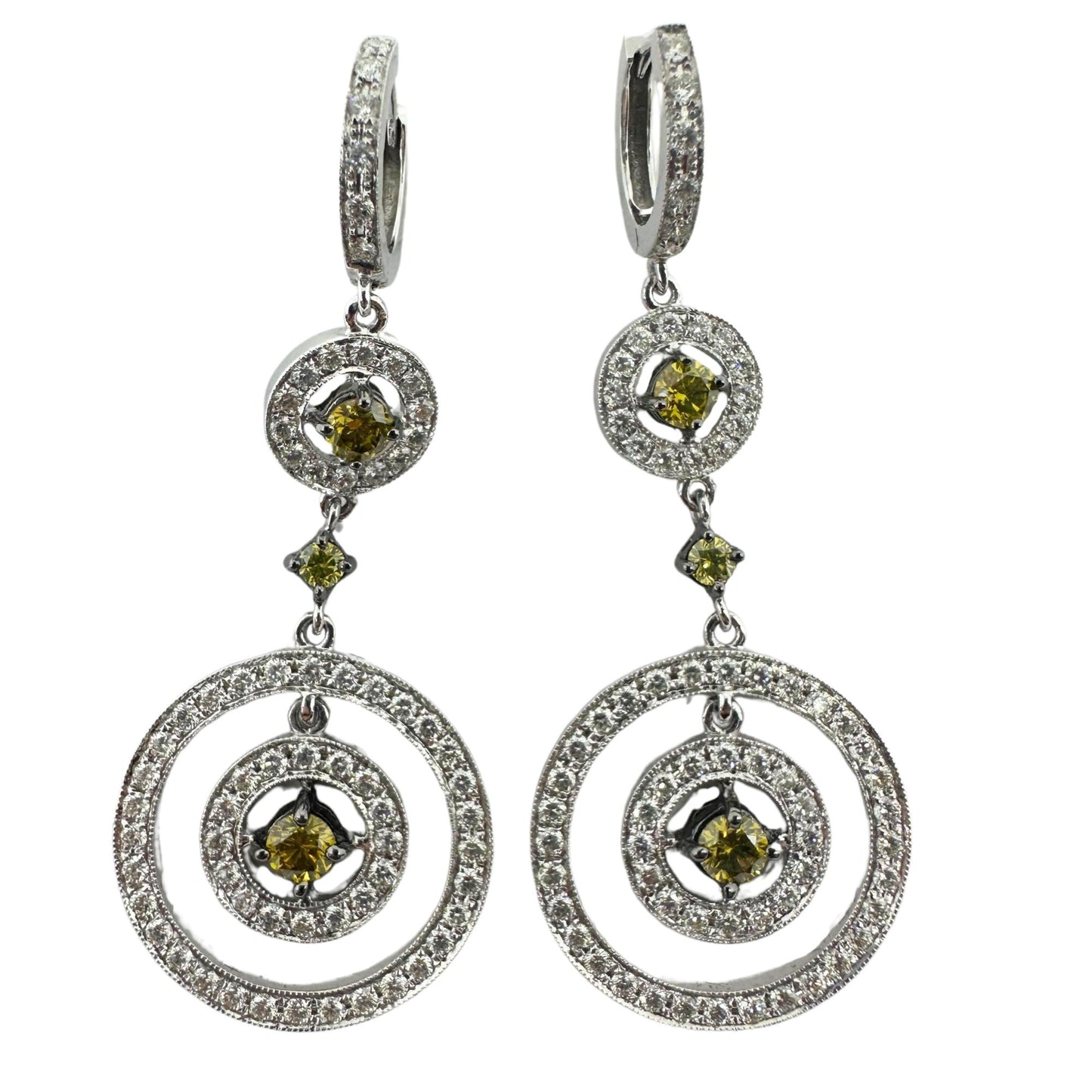 18K White Gold White and Yellow Diamond Drop Earrings