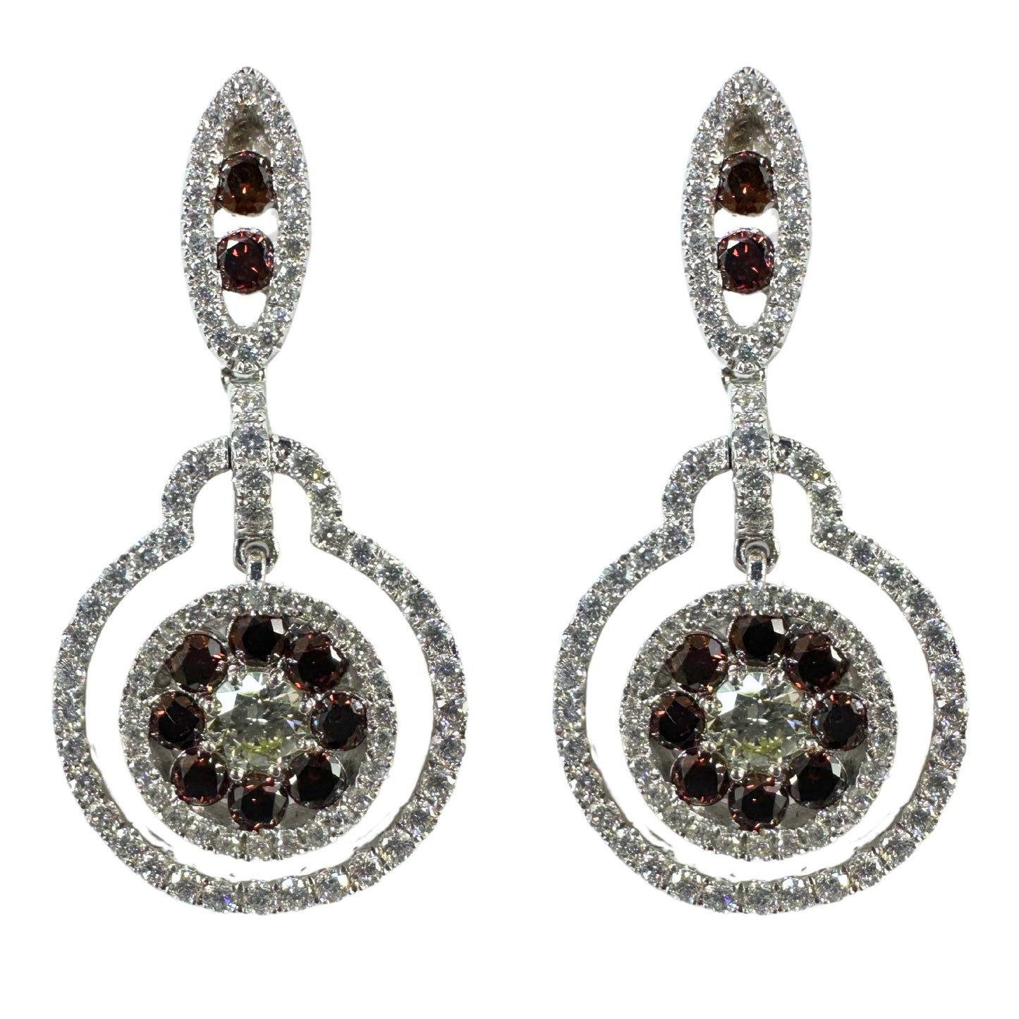 18K White Gold White and Brown Diamond Drop Earrings