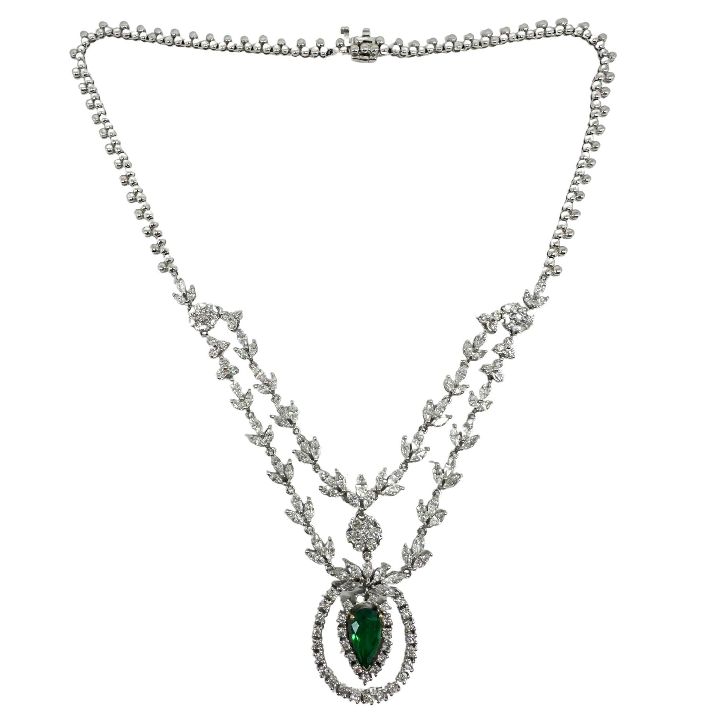 18K White Gold Marquise Cut Diamond and Pear Cut Emerald Necklace