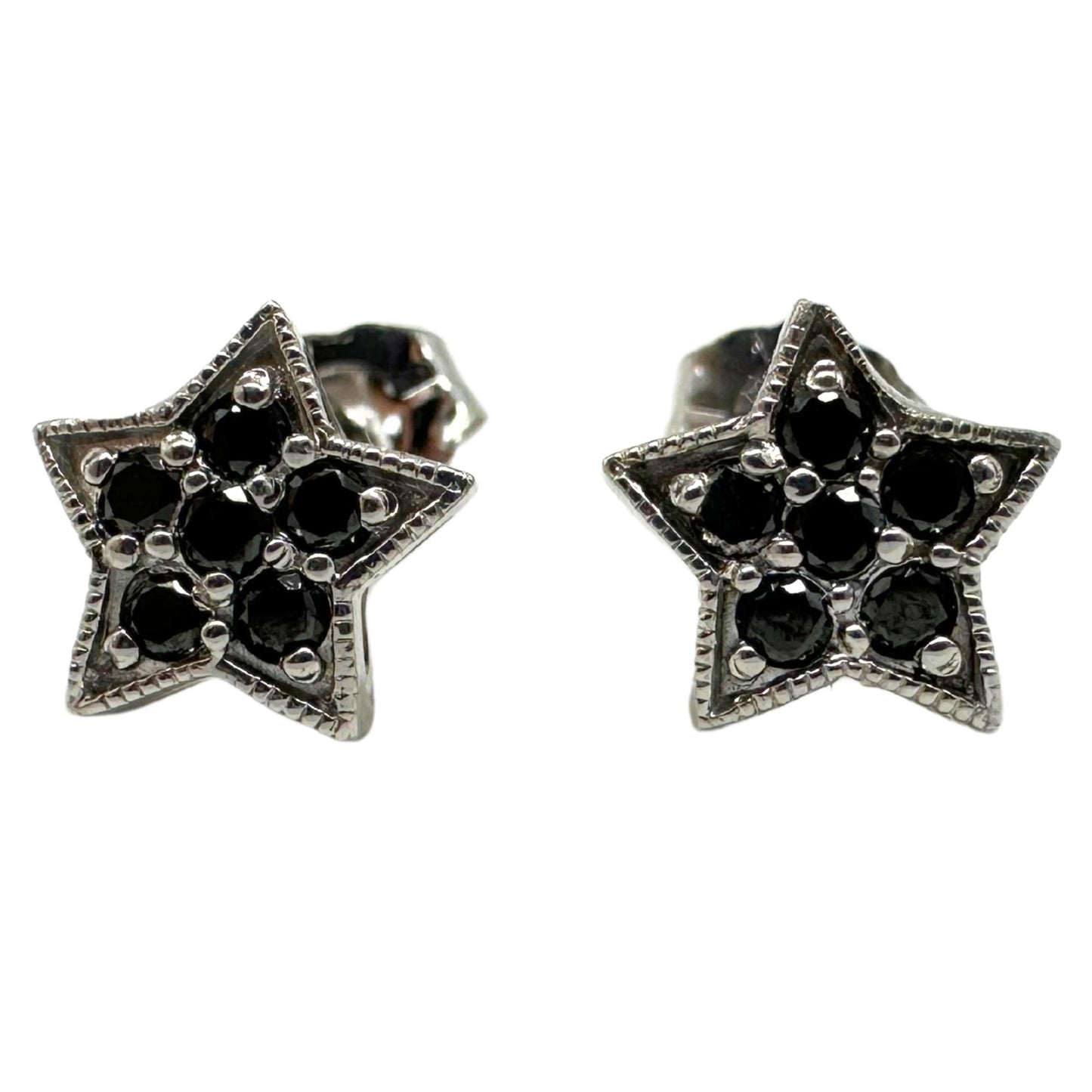 18K White Gold Black Diamond Star Studs with 14K White Gold Backing