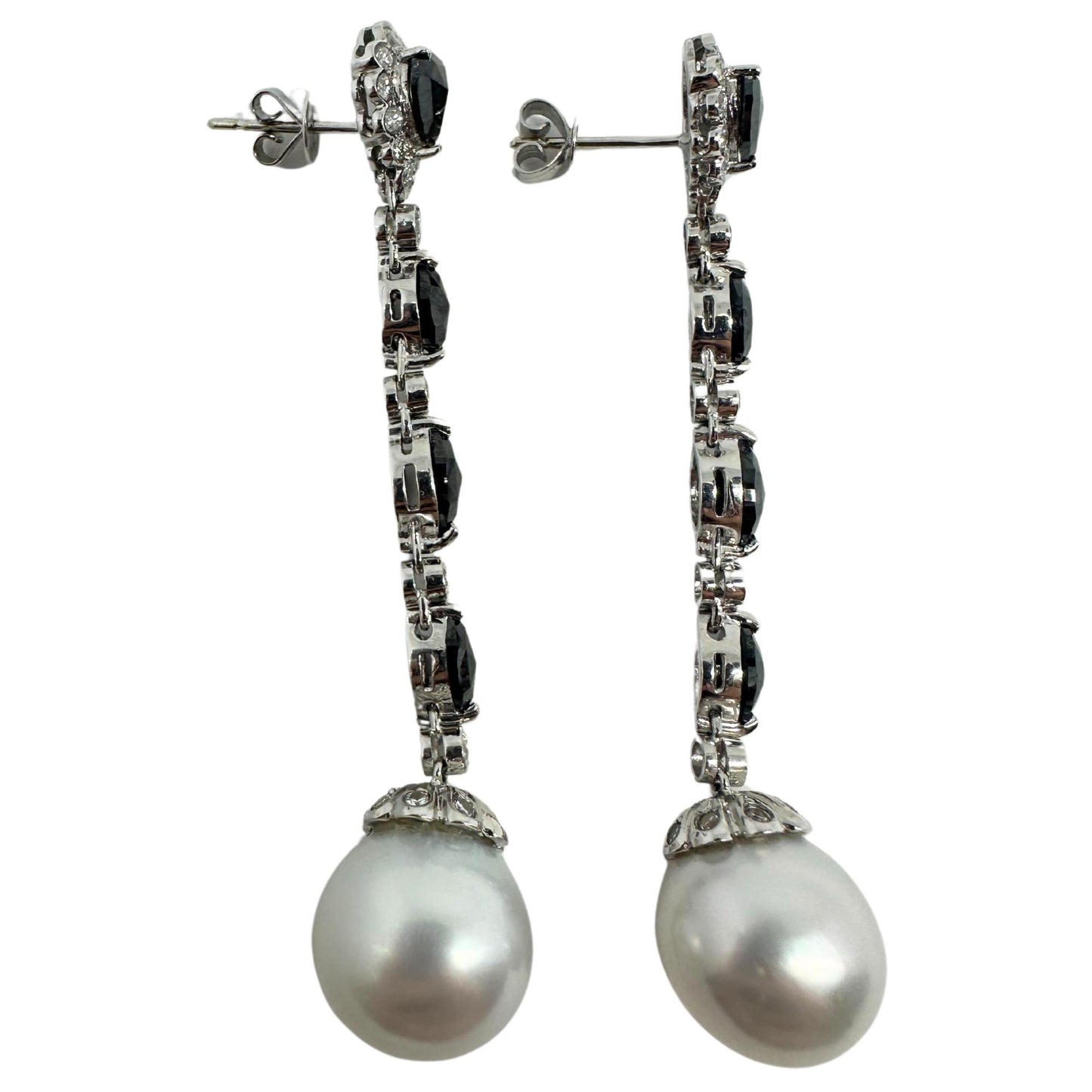 18K White Gold Marquise and Pear Cut Black and White Diamond Drop Earrings