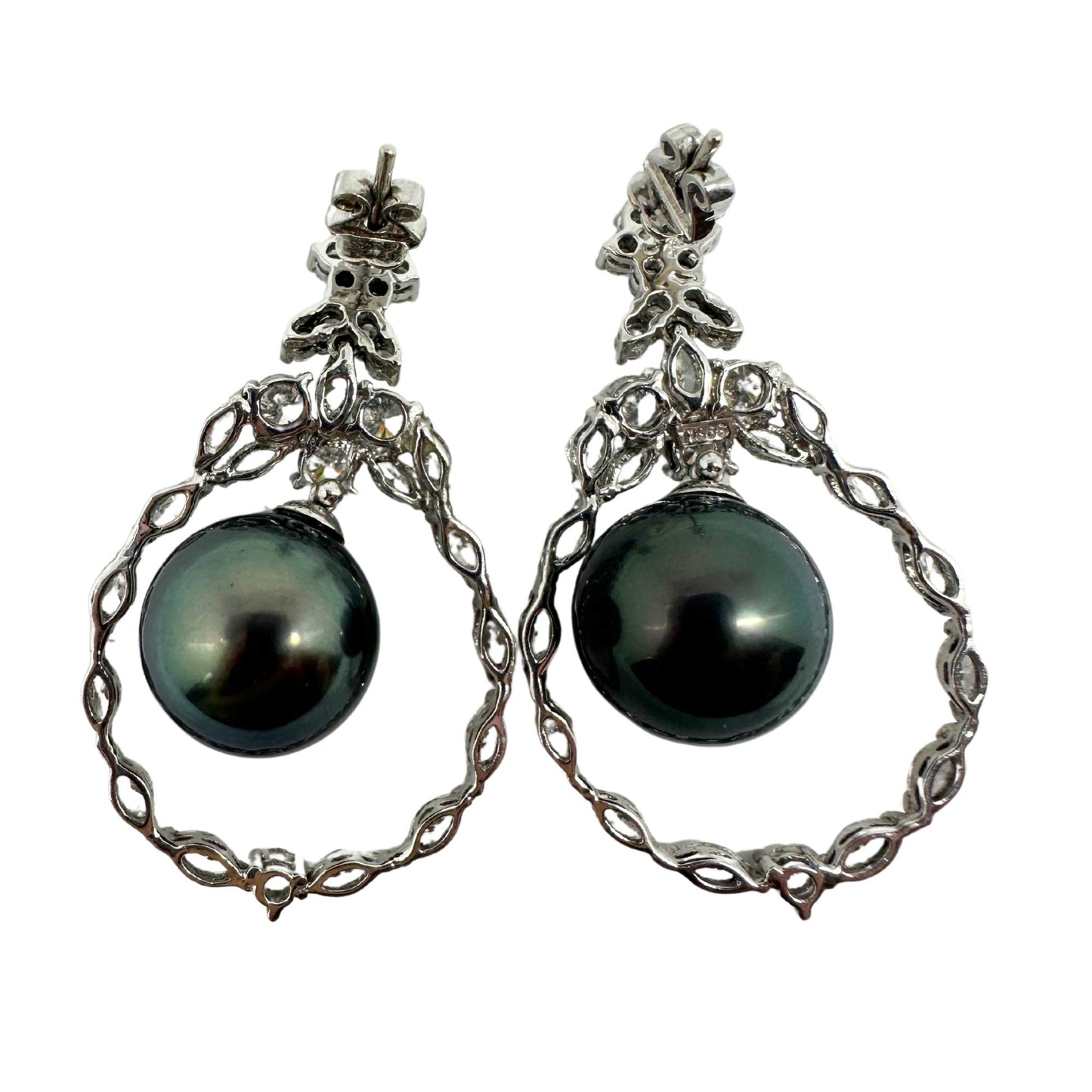 18K White Gold Diamond and Black Pearl Drop Earrings