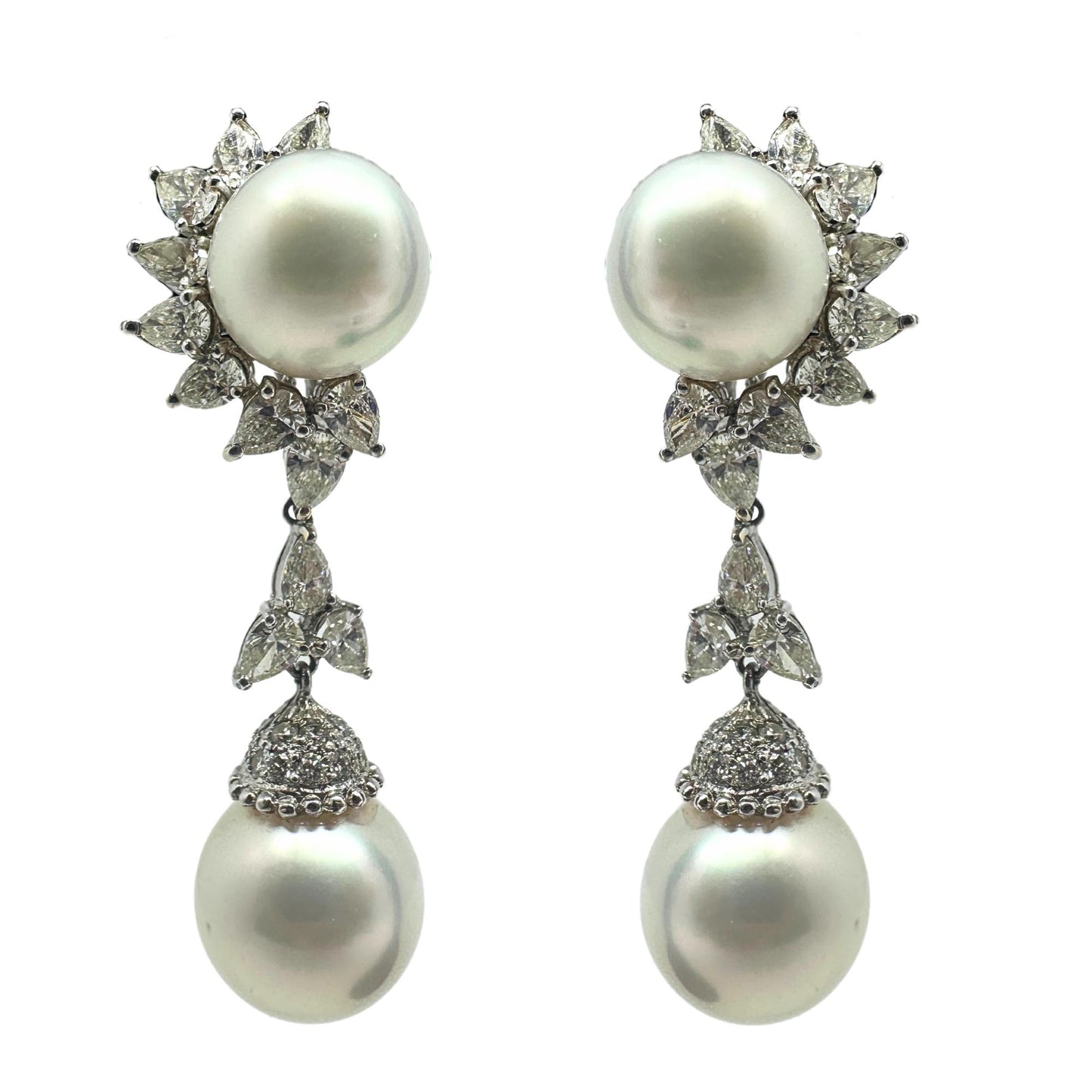 18K White Gold Pear Cut Diamond and Pearl Sunburst Drop Earrings