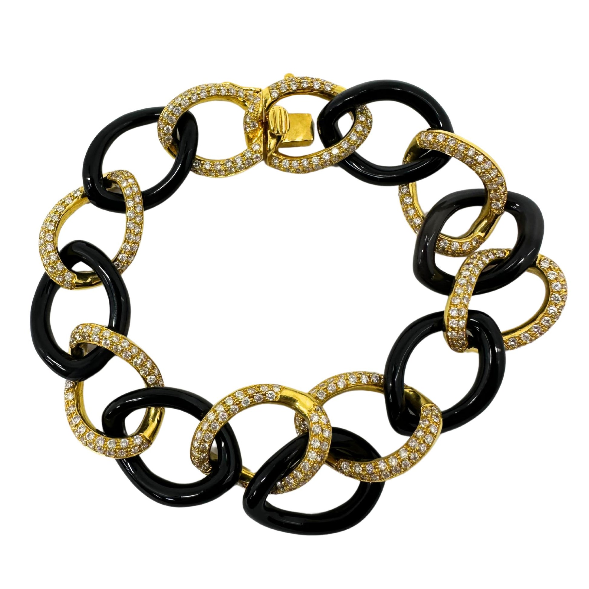 18K Yellow Gold Diamond and Onyx Link Bracelet