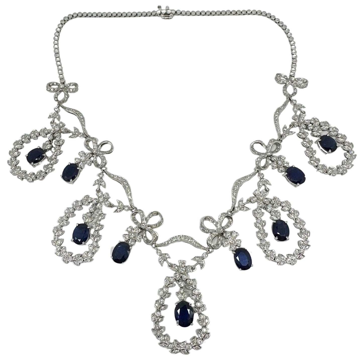 18K White Gold Diamond and Blue Sapphire Necklace