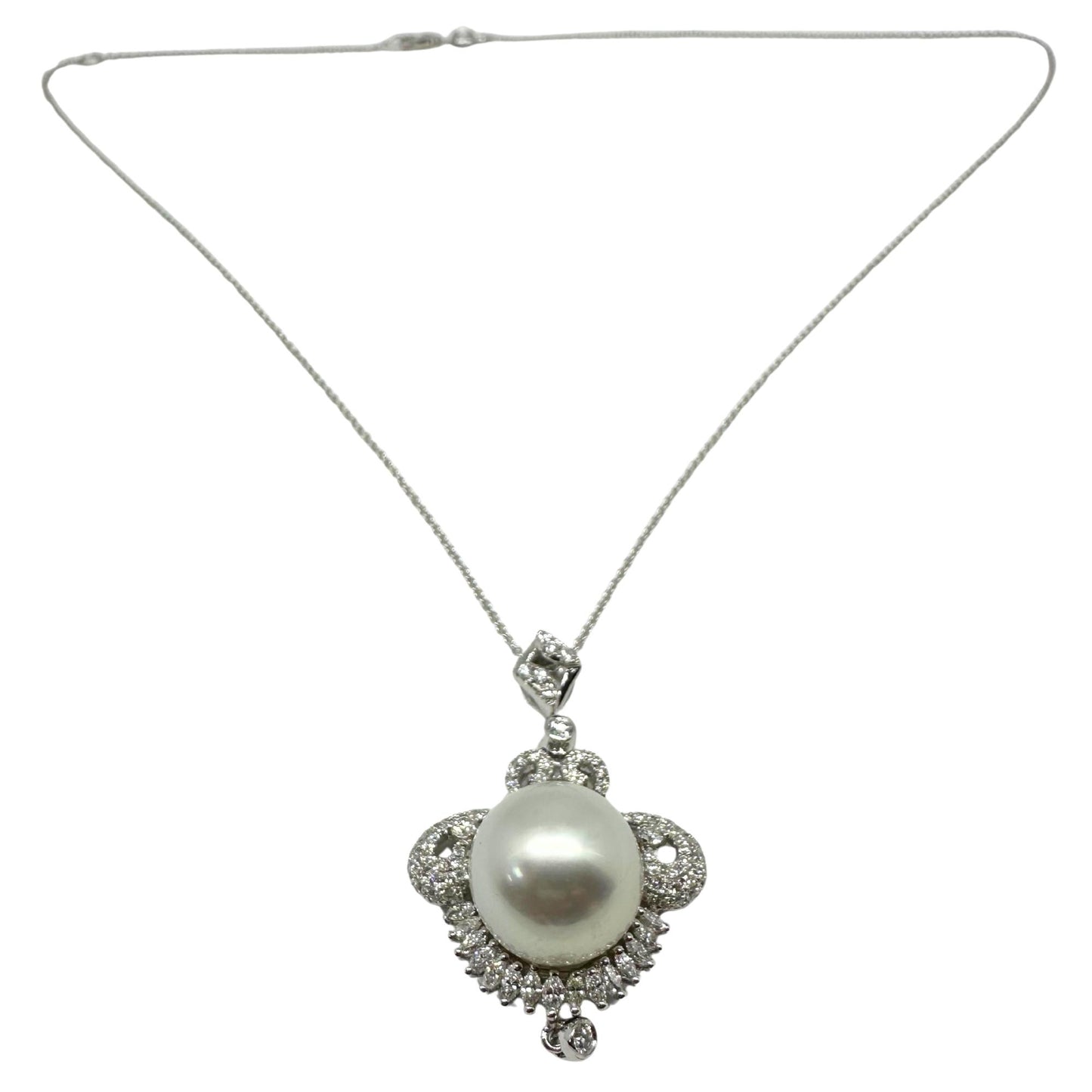 Edwardian-Inspired 18K White Gold Diamond Pearl Pendant Necklace 0.93ct