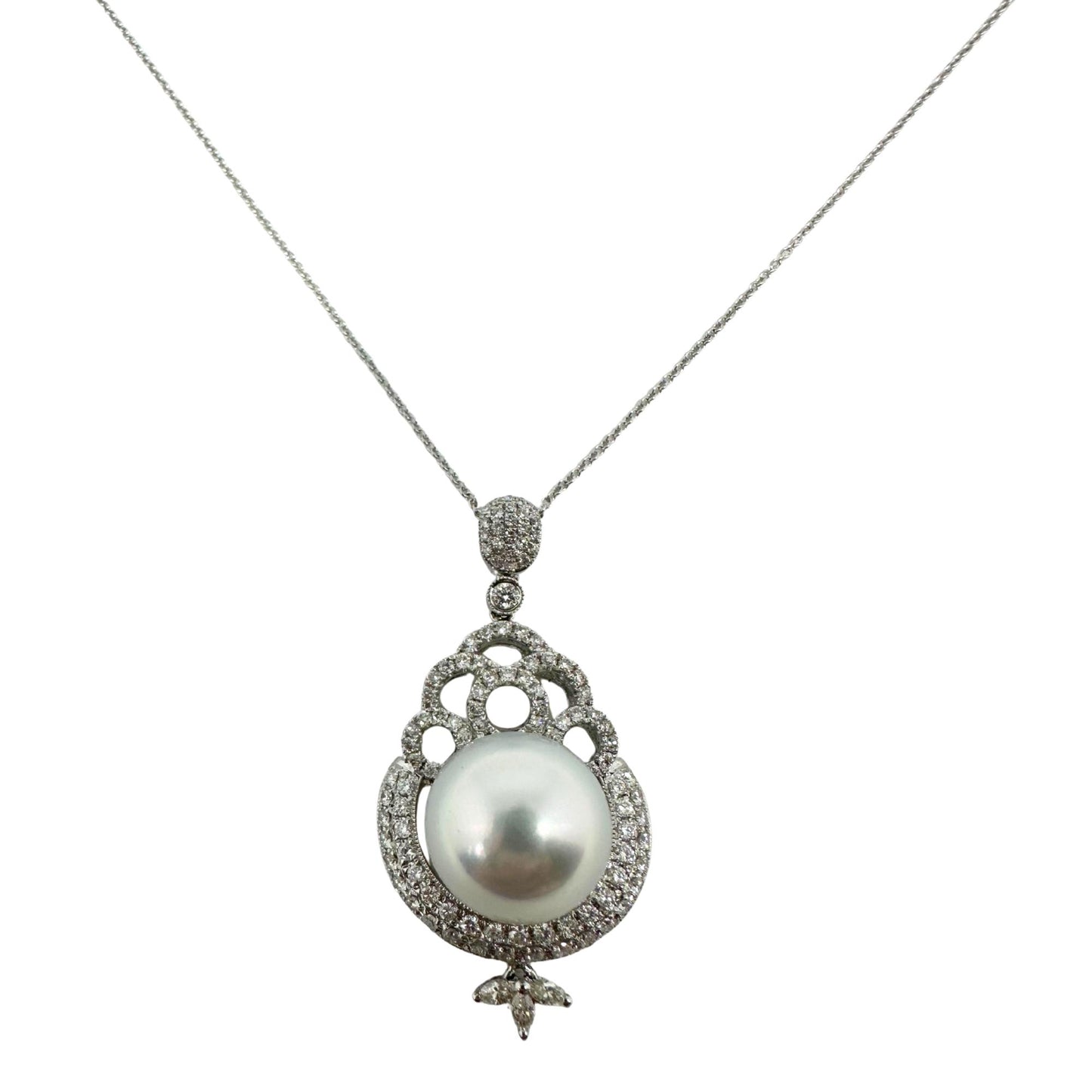 18 inch 18K White Gold Diamond Pearl Pendant Necklace - 0.75ct
