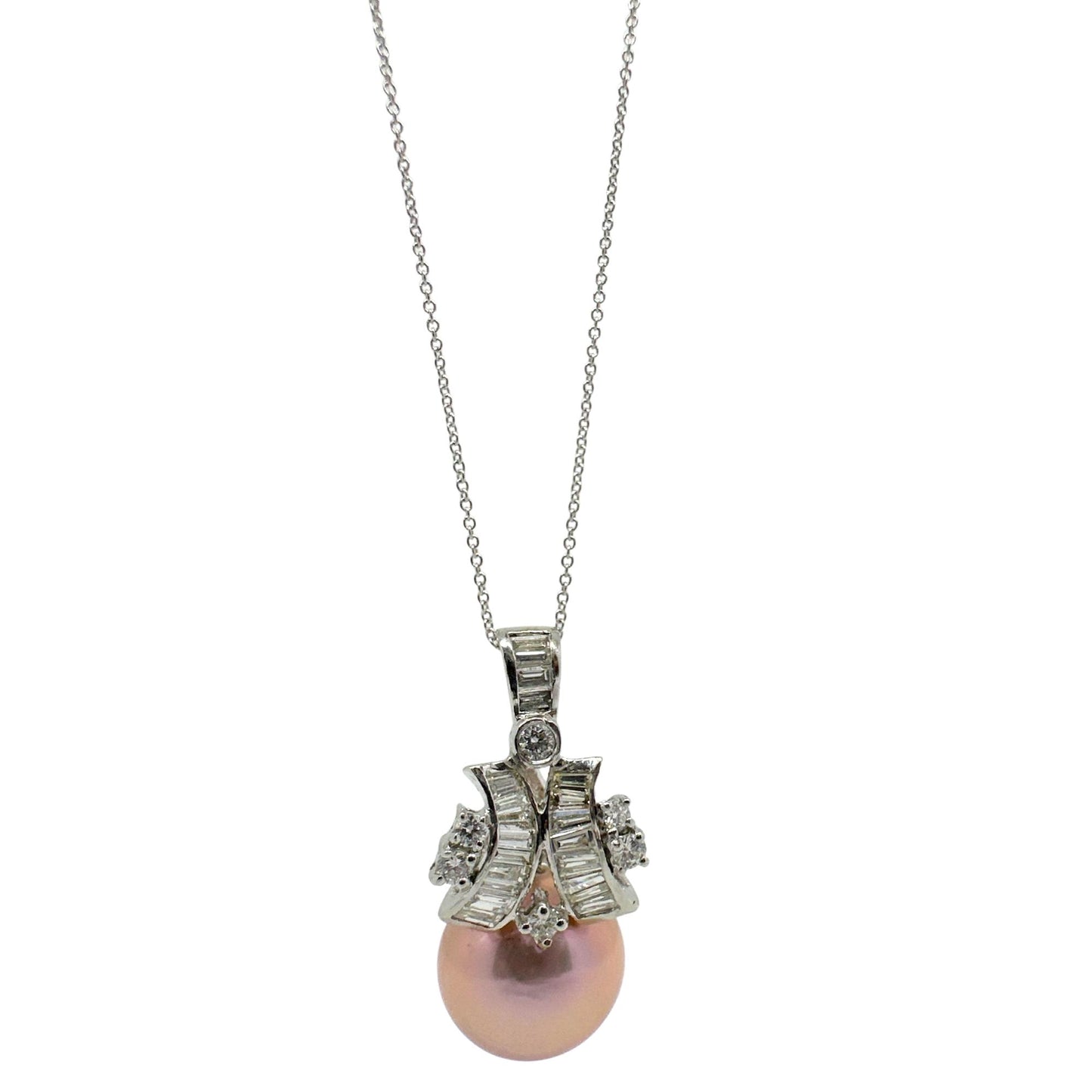 18K White Gold .65ct Diamond and Pink Pearl Pendant Necklace