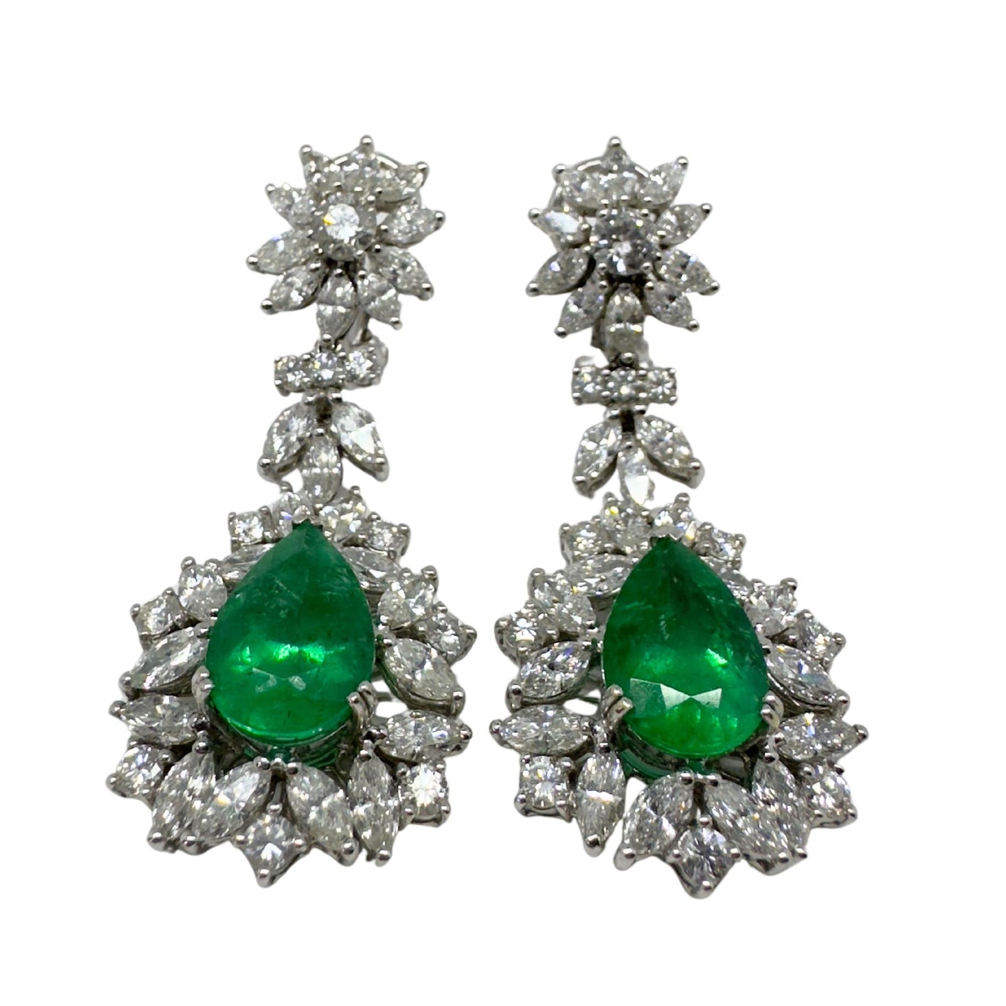 18K White Gold Marquise Cut Diamond and Pear Cut Emerald Drop Earrings