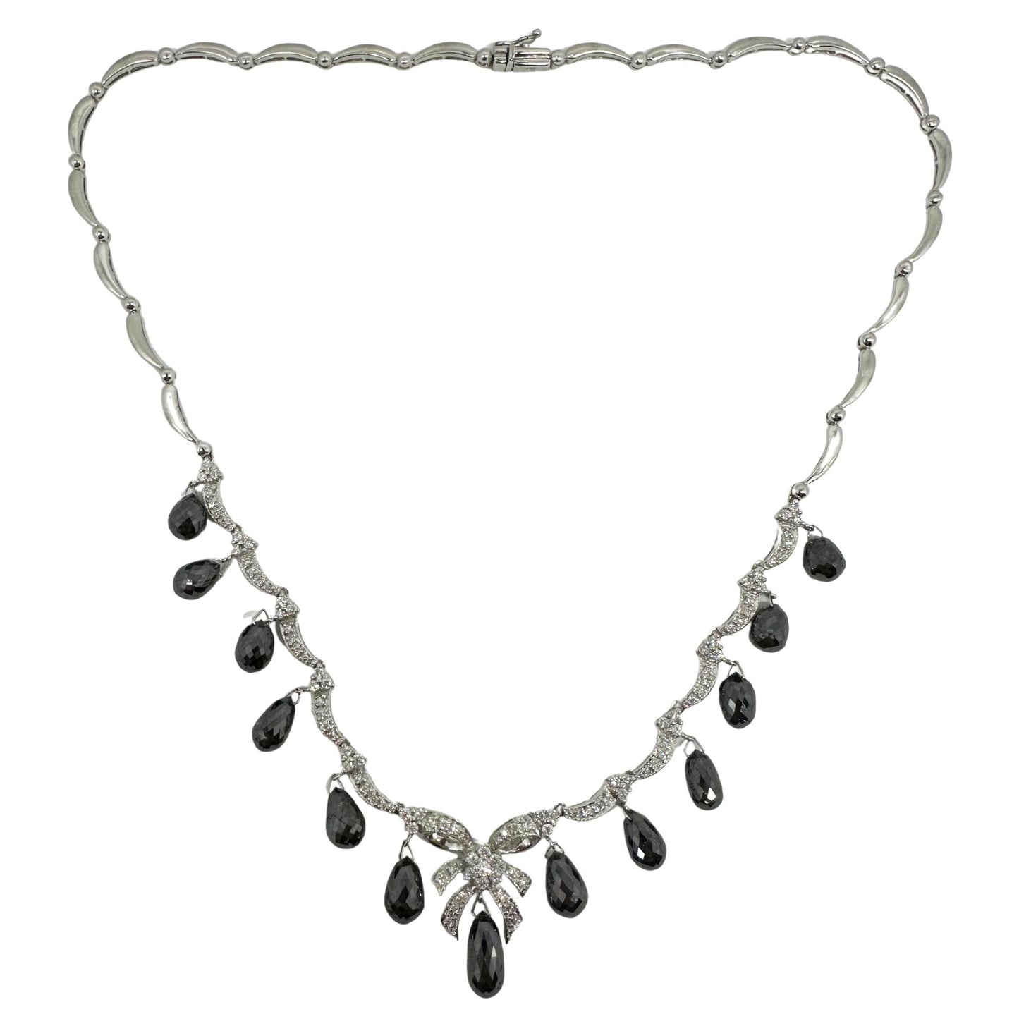 18K White Gold White Diamond and Briolette Black Diamond Bow Necklace