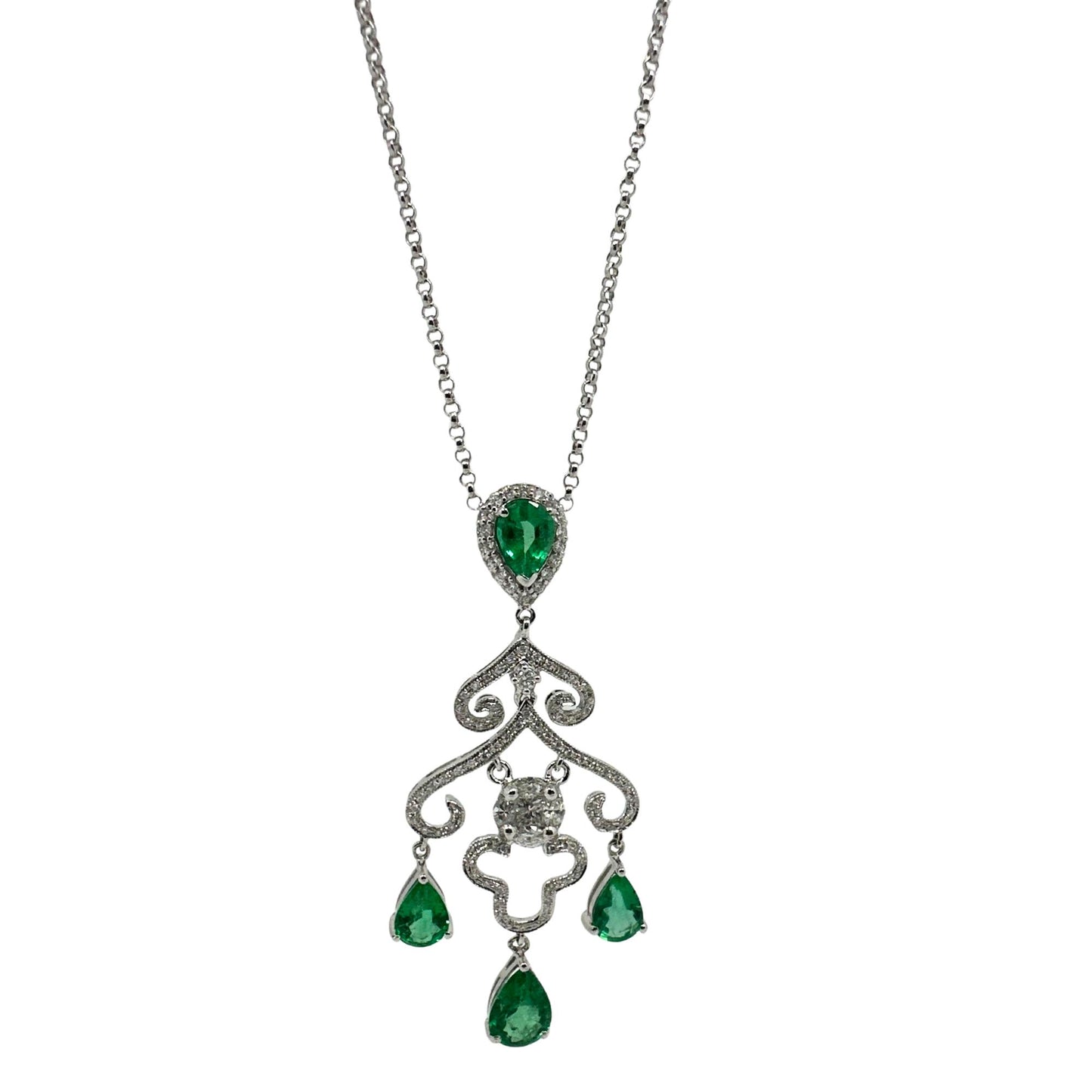 18K White Gold Diamond and Emerald Pendant Necklace