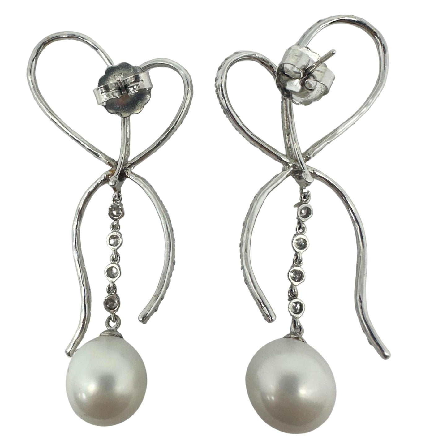 18K White Gold Diamond and Pearl Bow Earrings