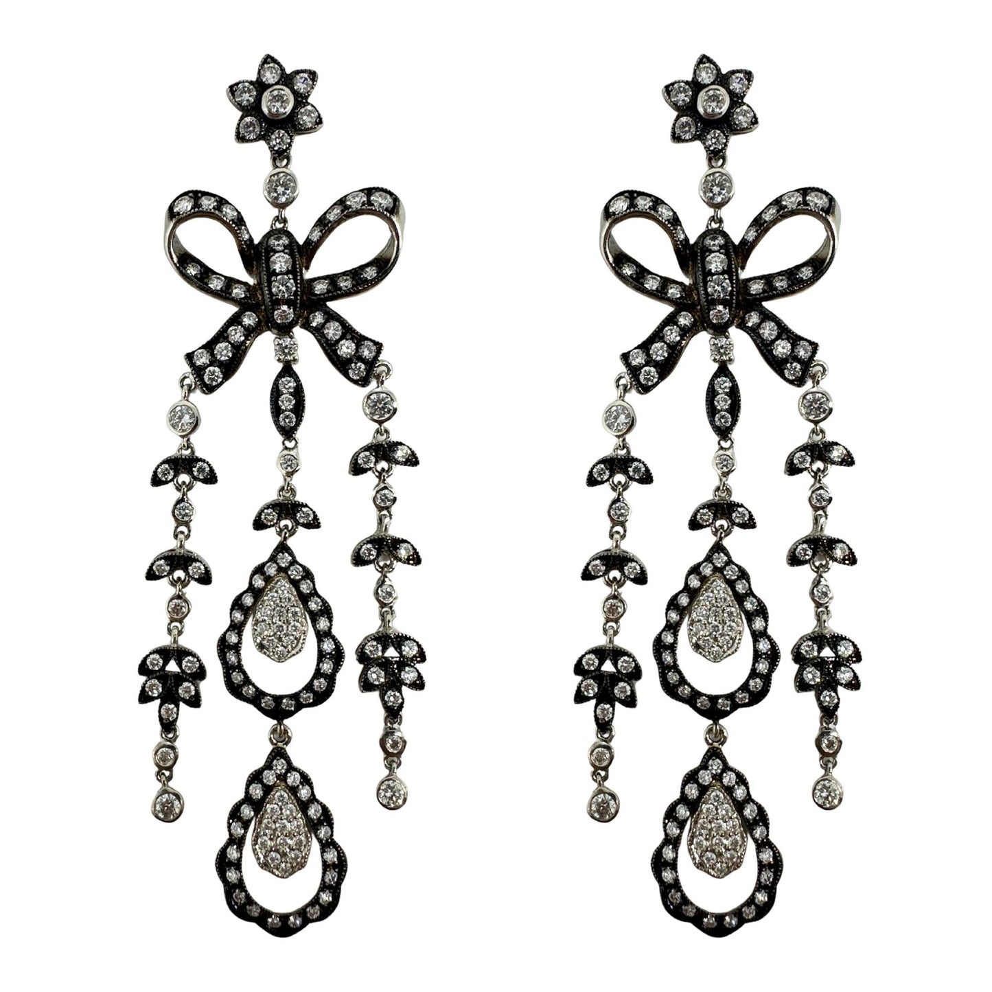 18K White Gold and Silver Top Rose Cut Diamond Drop Earrings