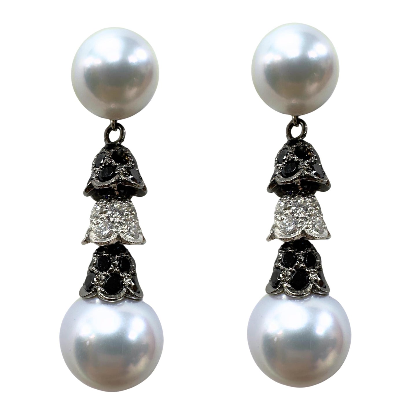 18K White and Black Diamond and Pearl Earrings