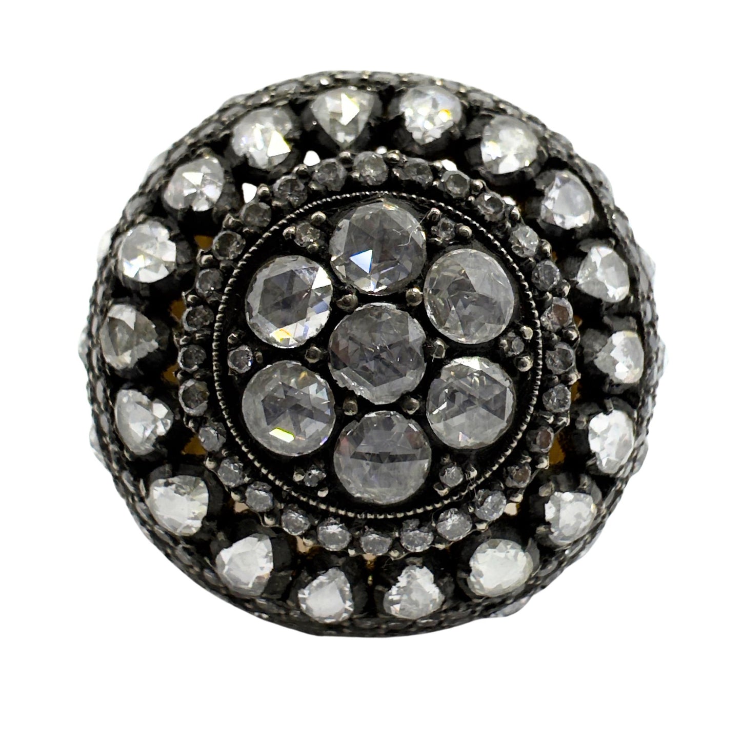 Bold and Heavy 18K Yellow Gold and Silver Top Rose Cut Diamond Cocktail Ring