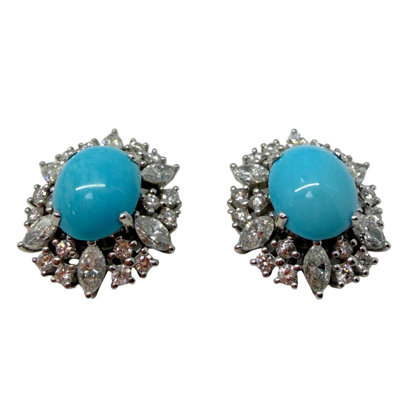Platinum Marquise Cut 1.75 carat Diamond and Oval Turquoise Halo Stud Earrings