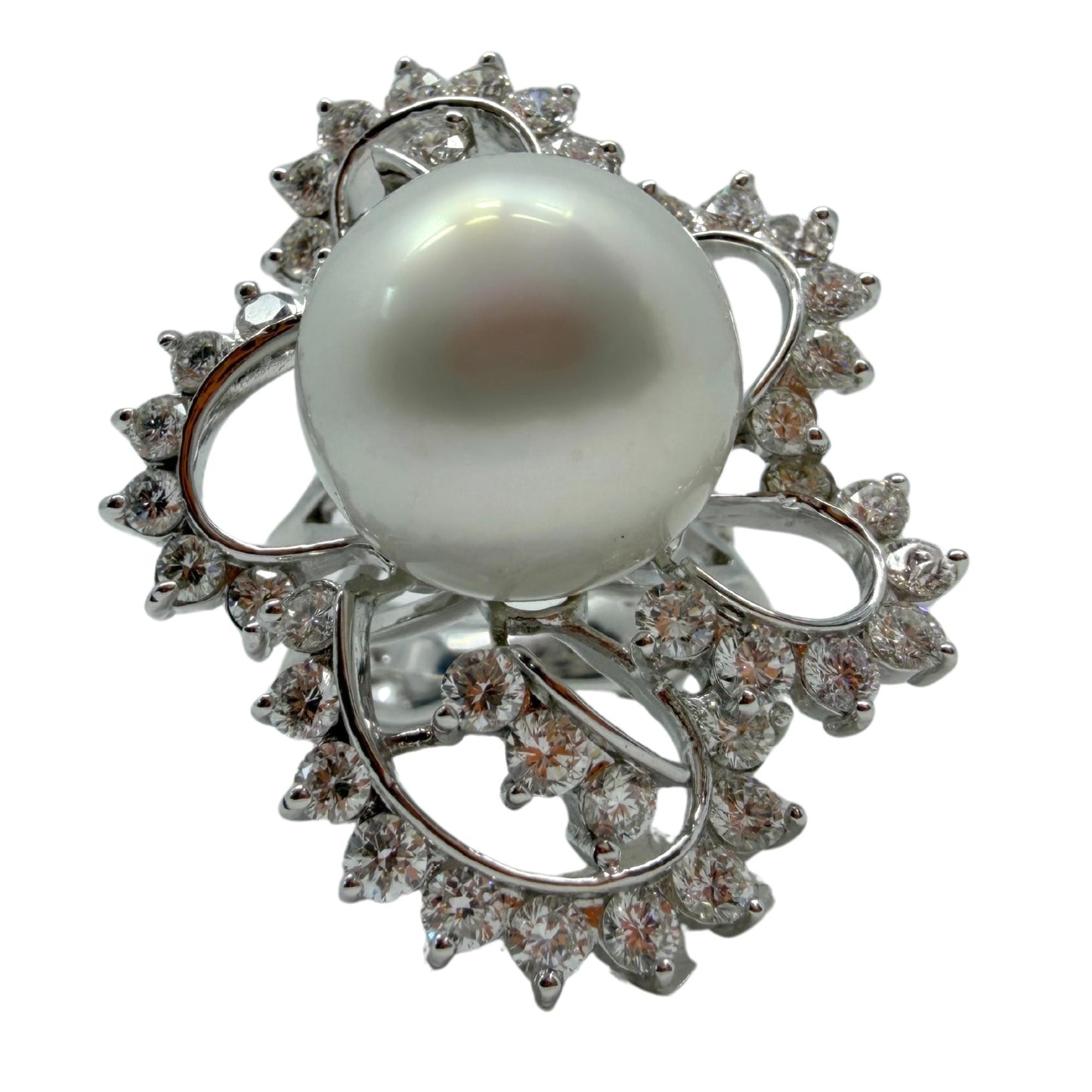 18K White Gold 2.48 Carat Diamond and Pearl Cocktail Ring - Size 7.5