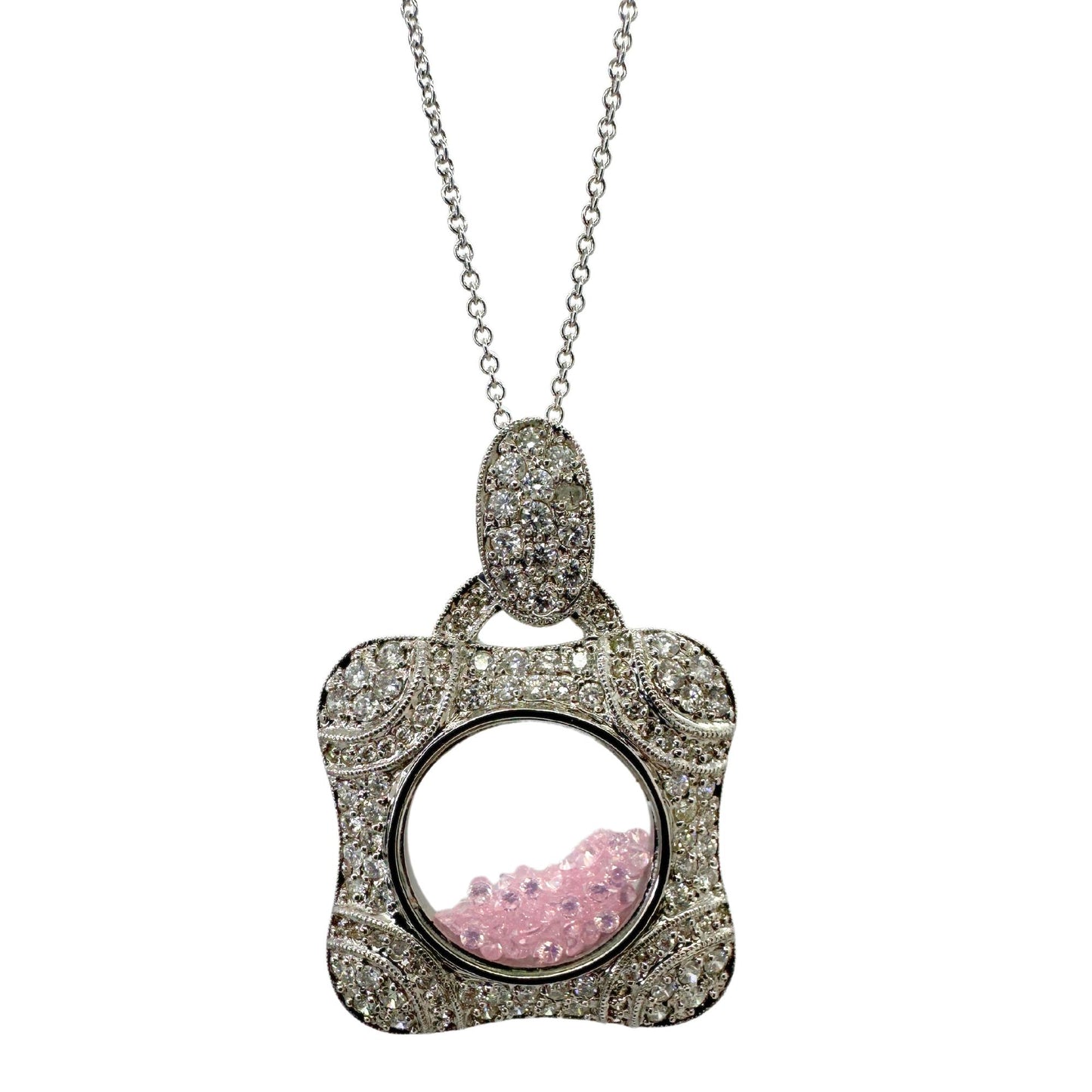 18K White Gold Diamond and Pink Sapphire Shaker Locket Pendant Necklace