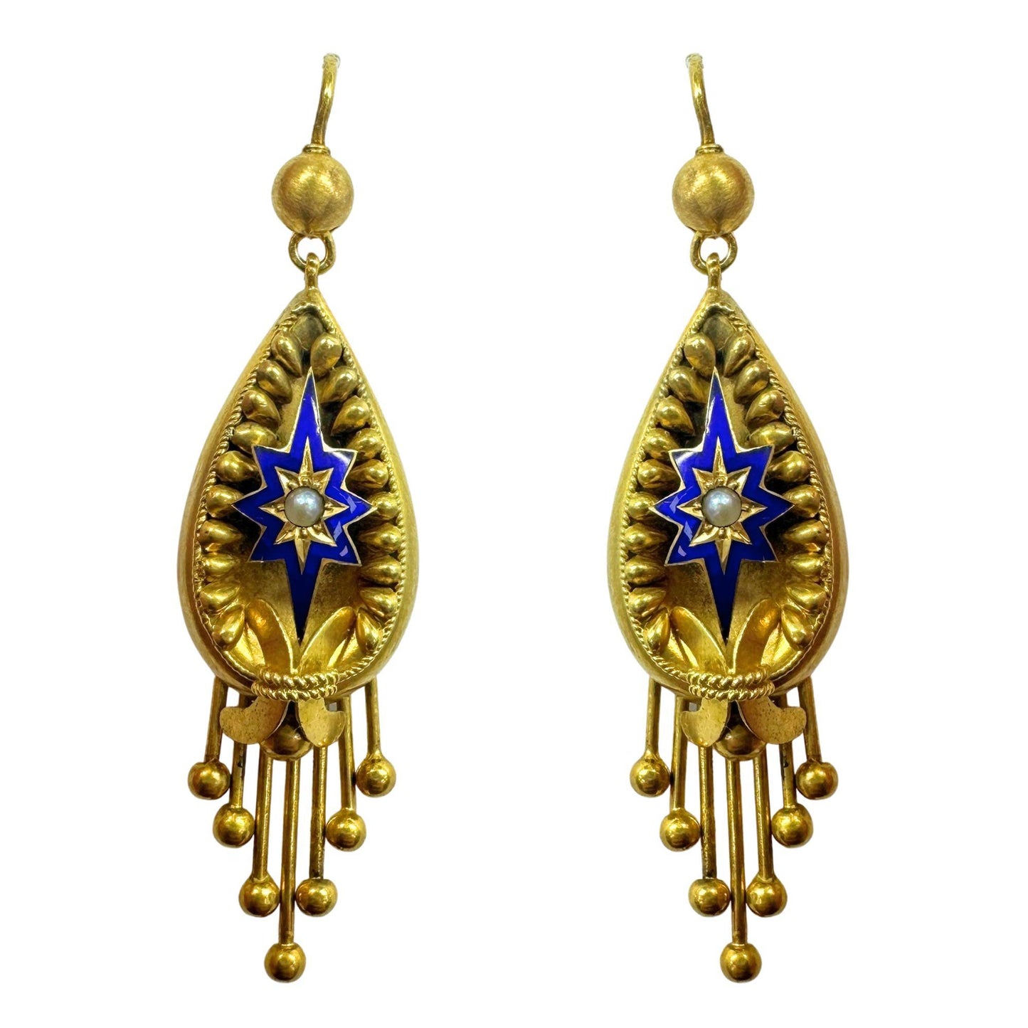14k Victorian Pearl and Enamel Drop Earrings