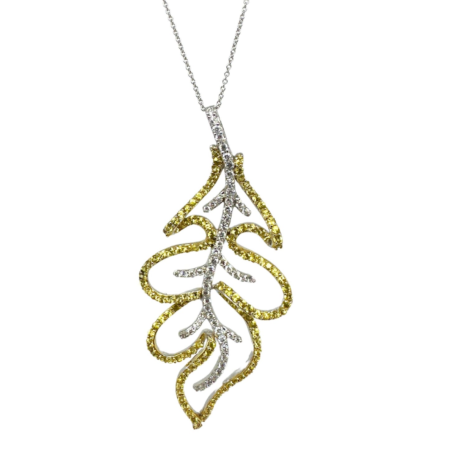18K Diamond and Yellow Sapphire Leaf Pendant with Chain