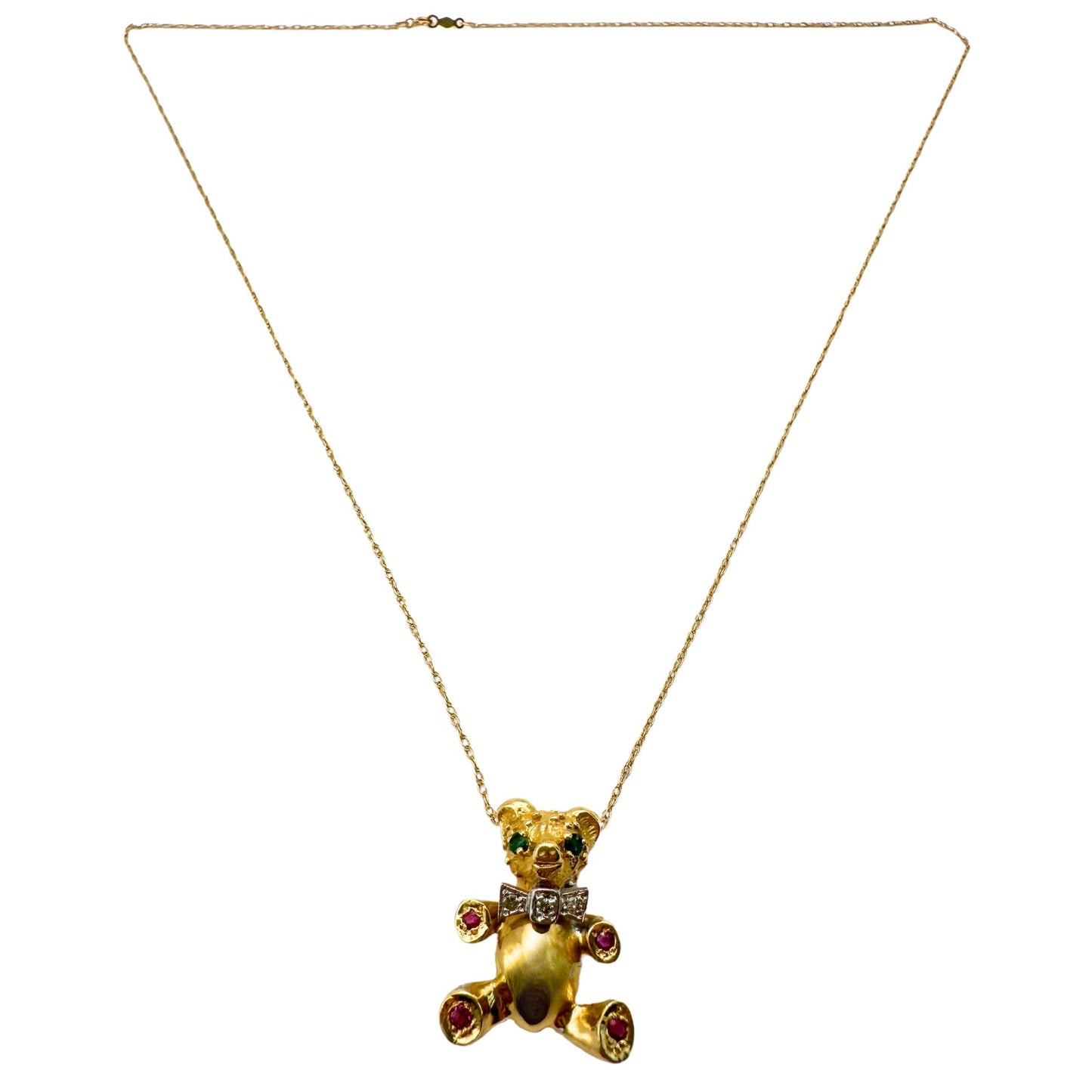 14k 1980's Diamond, Emerald and Ruby Teddy Bear Pendant with Chain