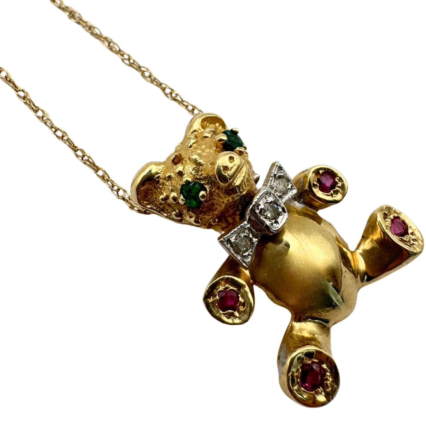 14k 1980's Diamond, Emerald and Ruby Teddy Bear Pendant with Chain