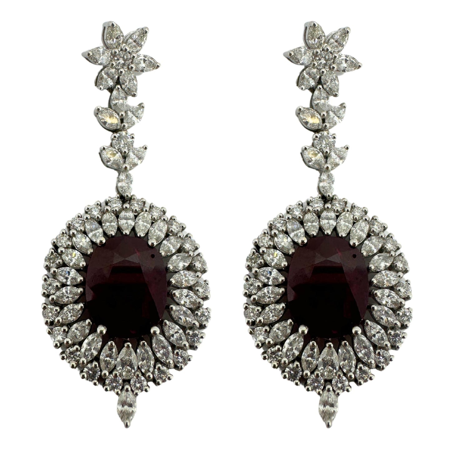 18k White Gold Marquise Cut Diamond and Mozambique Oval Natural Ruby Earrings
