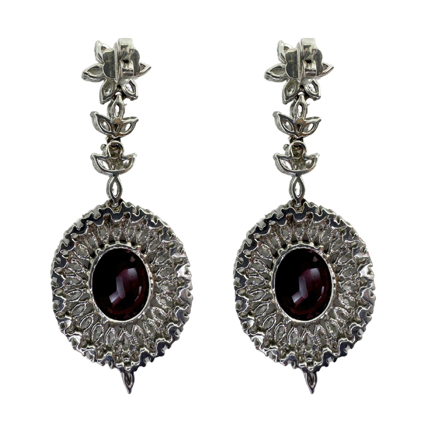 18k White Gold Marquise Cut Diamond and Mozambique Oval Natural Ruby Earrings
