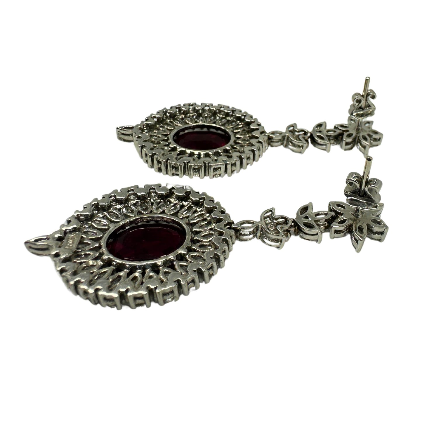 18k White Gold Marquise Cut Diamond and Mozambique Oval Natural Ruby Earrings