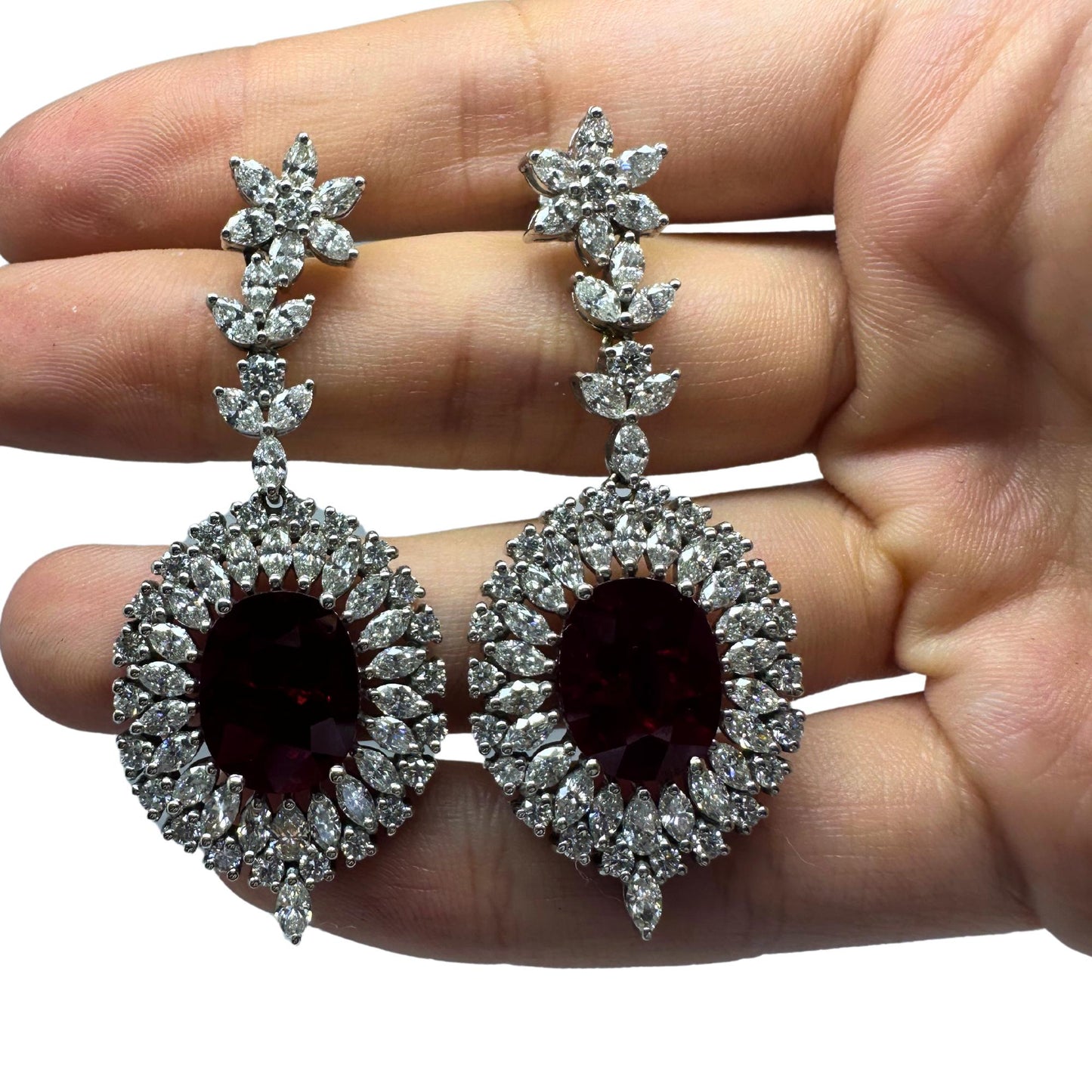 18k White Gold Marquise Cut Diamond and Mozambique Oval Natural Ruby Earrings