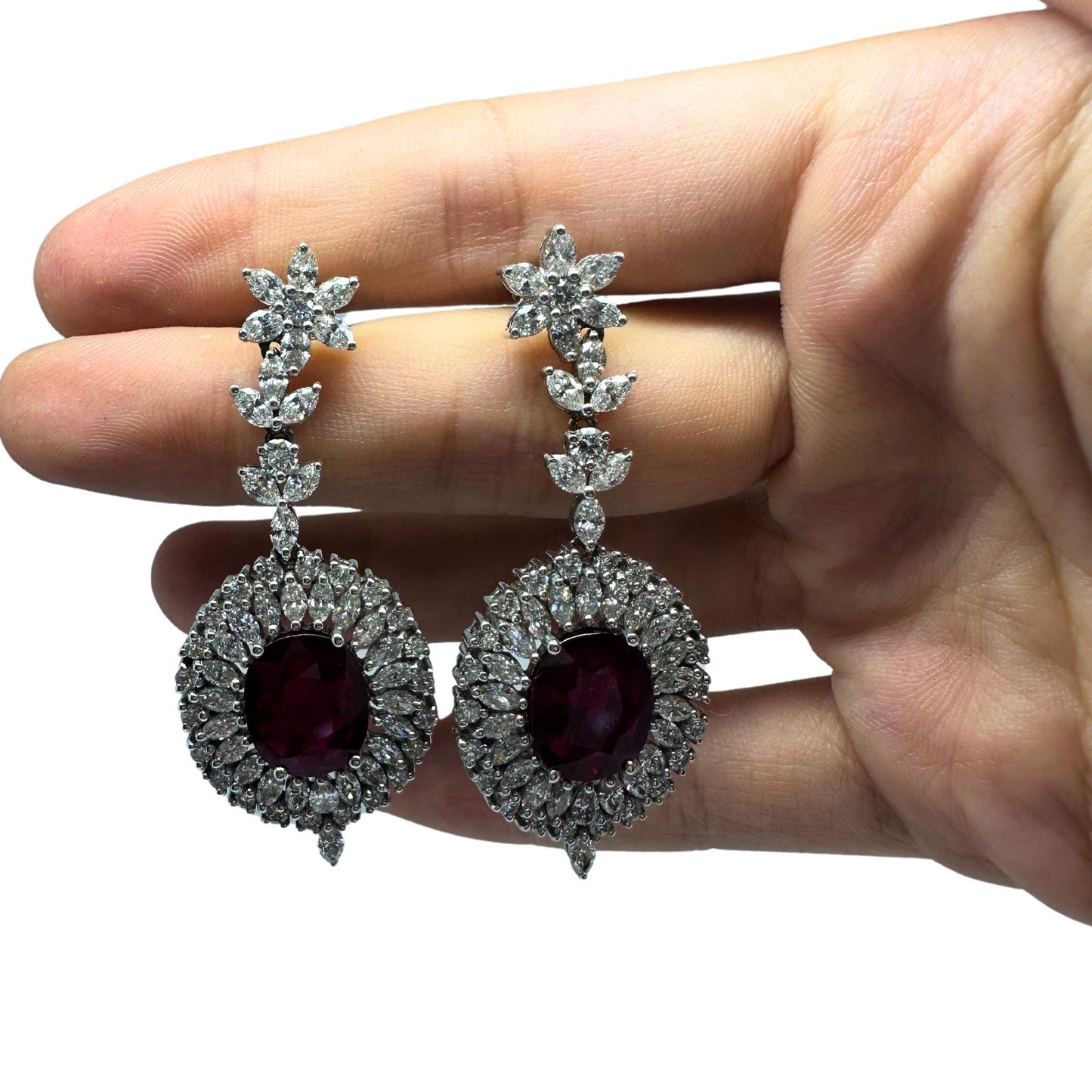 18k White Gold Marquise Cut Diamond and Mozambique Oval Natural Ruby Earrings