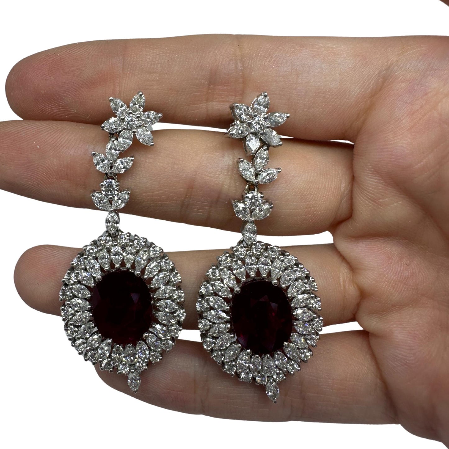 18k White Gold Marquise Cut Diamond and Mozambique Oval Natural Ruby Earrings