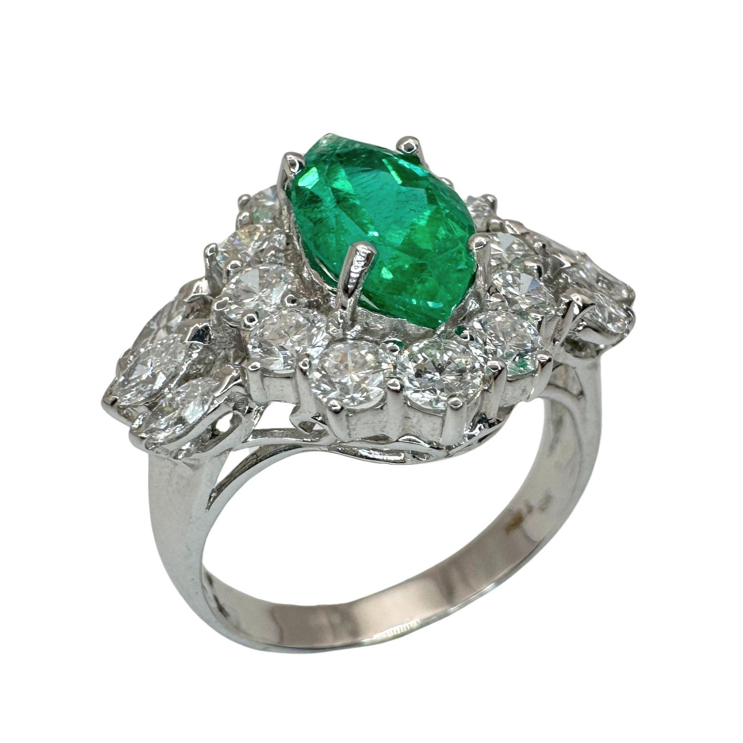 18k Diamond and Marquise Cut Emerald Ring