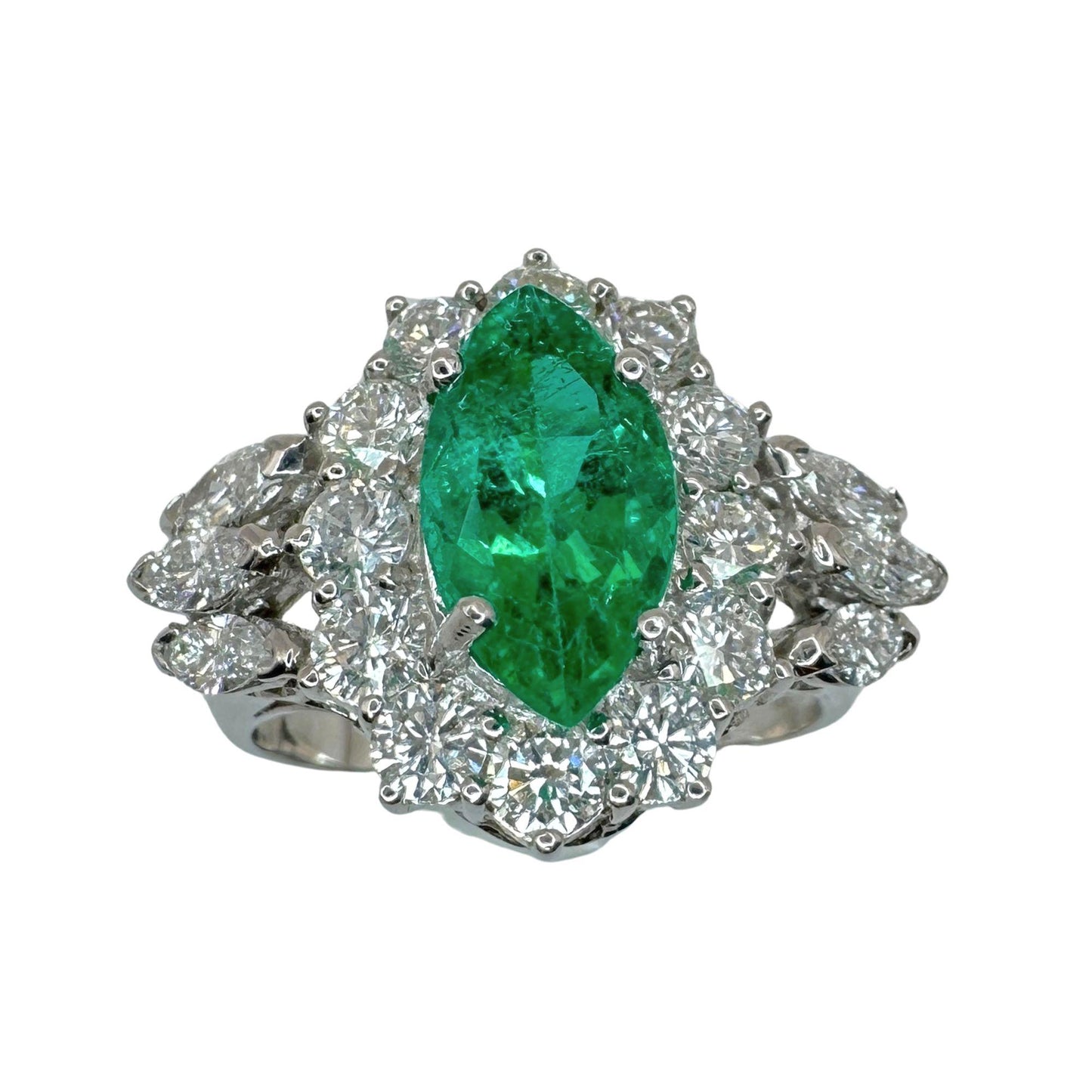 18k Diamond and Marquise Cut Emerald Ring