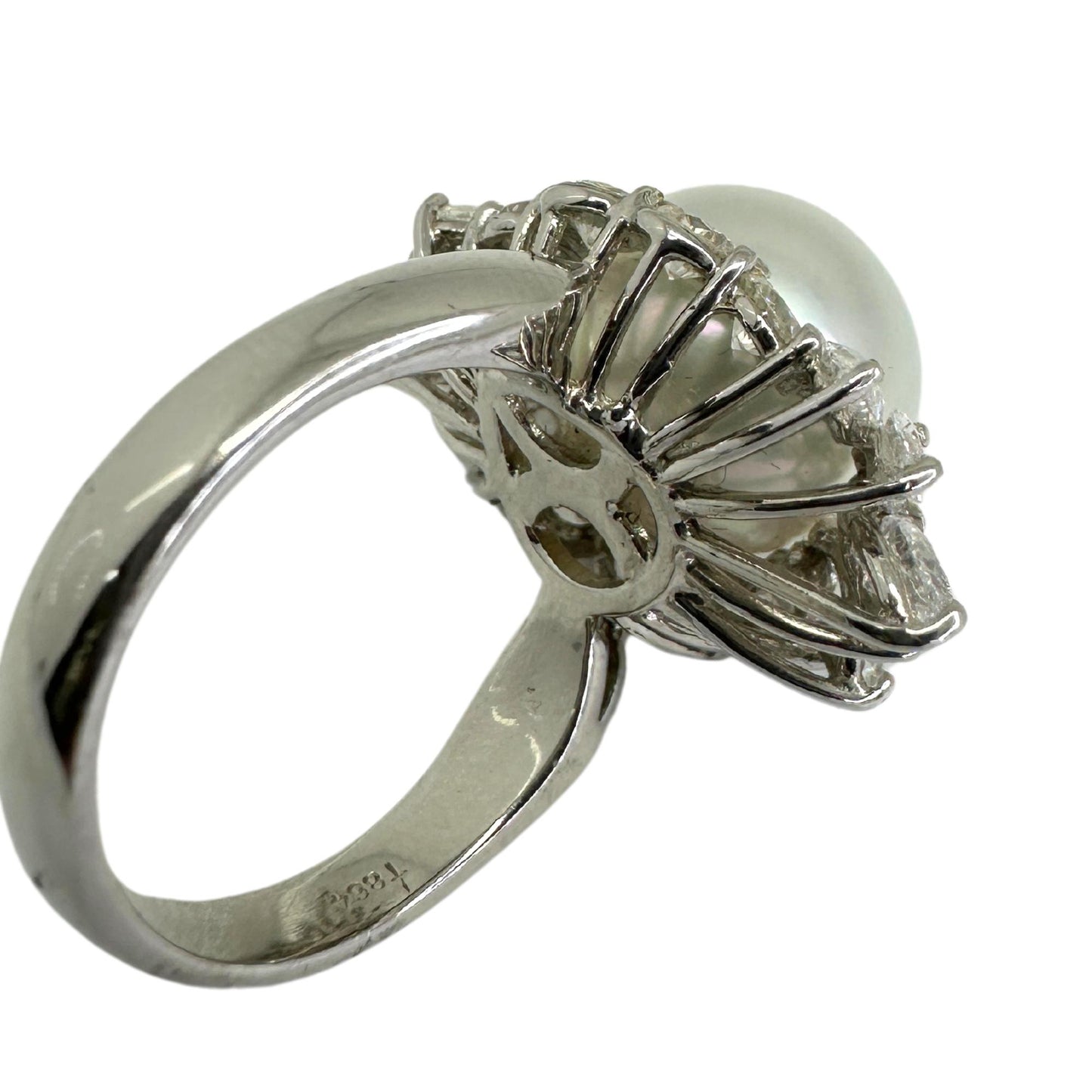 18K WG 2.34 Carat Marquise Cut Diamond and Pearl Cocktail Ring, Size 6.75
