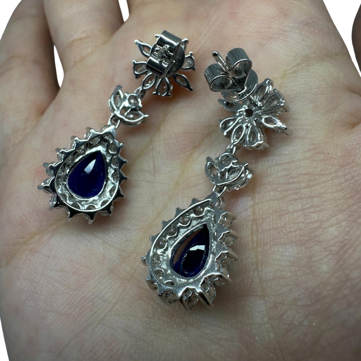 18K White Gold Diamond and 6.27 Carat Pear Cut Sapphire Earrings
